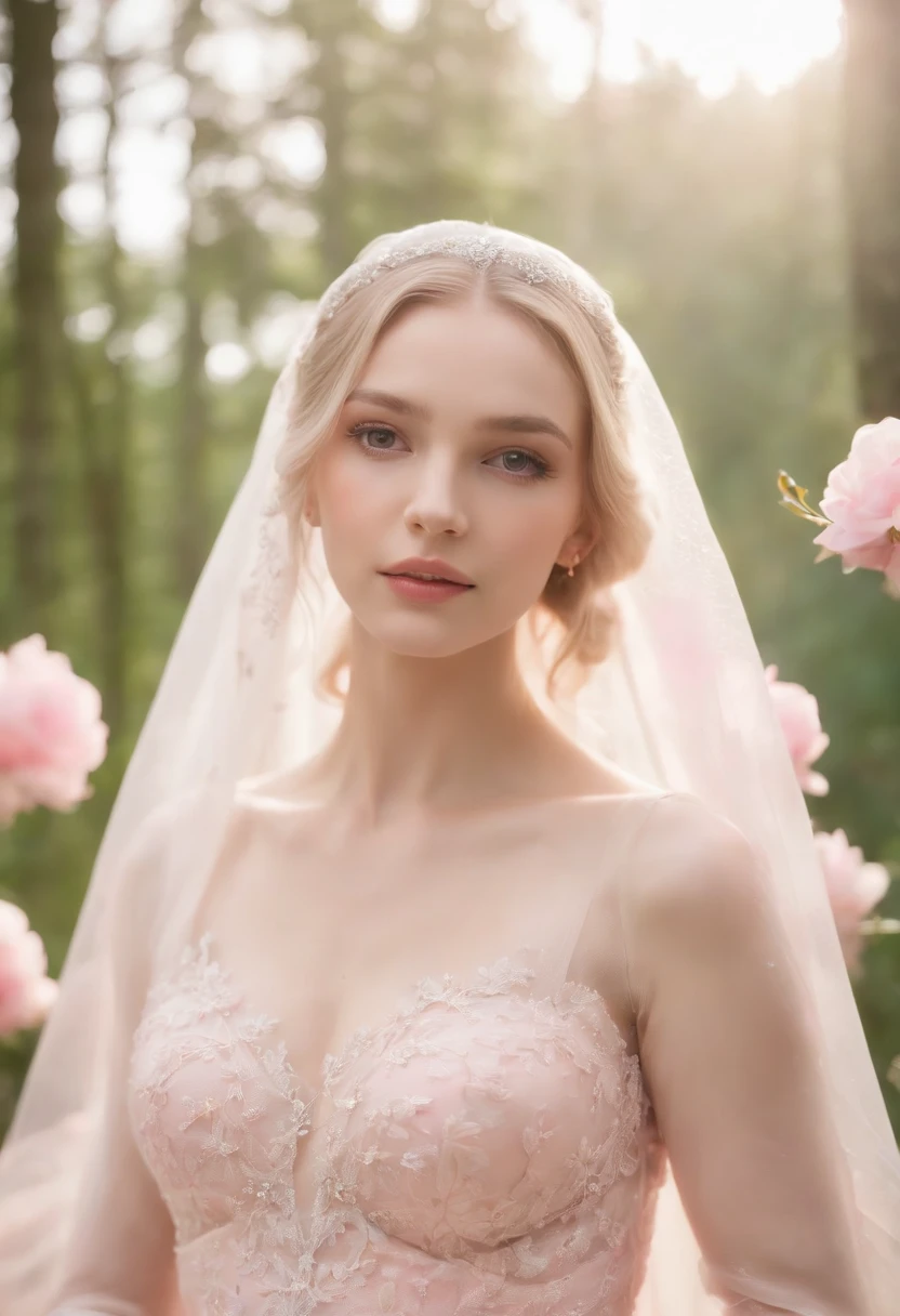 (Full body image of 1 young woman dressed as a bride，Wear a large transparent veil and a pink dress. + Soft and delicate + Blonde hair)+(Long dresses in bright colors., bright lighting, long straight blonde hair + Bright and friendly eyes)+(pink petals + Light breeze + There is a blue sky and white clouds. + Forest Green and Flowering +10 fingers)