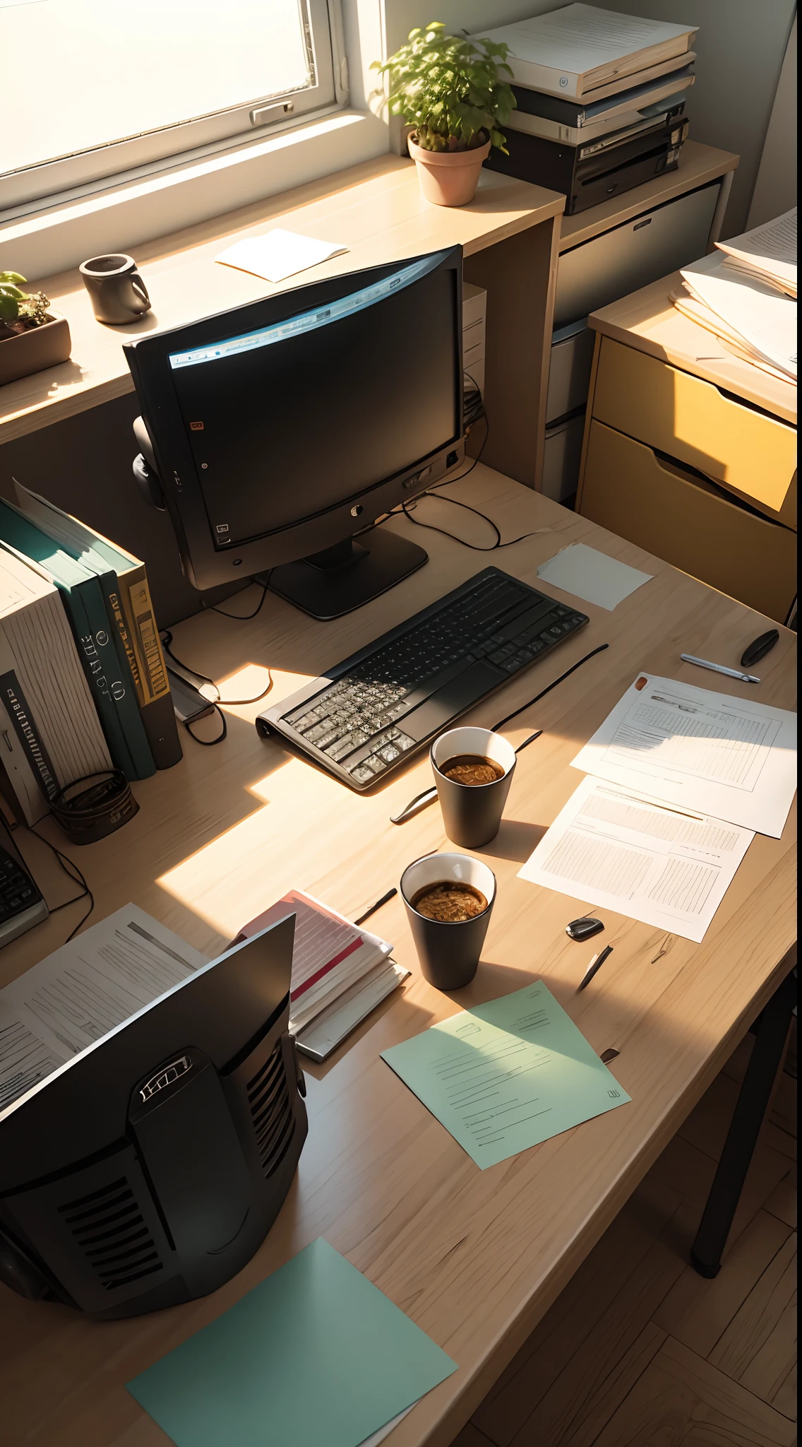 office, untidy workplace , lots of leaves