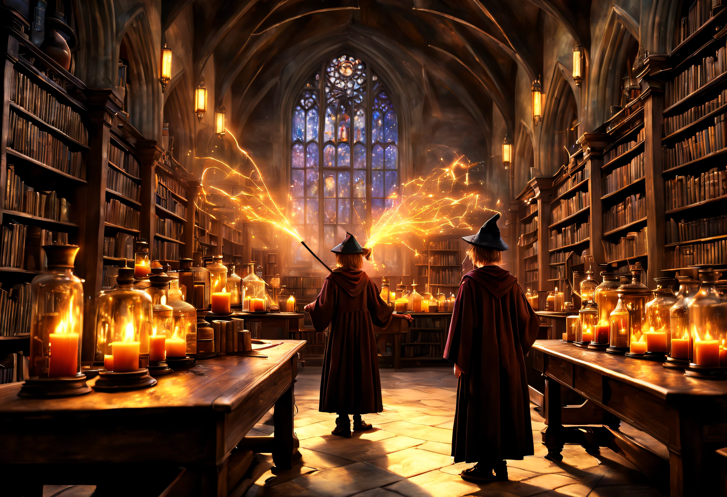 (best quality, 4k, high resolution, masterpiece: 1.2), ultra detailed, (realistic, photorealistic, photorealistic: 1.37), children at a Hogwarts magic academy, fantasy, mystical, enchanted, spell casting, waving wands , robes, library, classroom, bookshelves, magical creatures, flying brooms, colorful spells, smoke and sparks, magic tricks, glowing orbs, magical incantations, concentration, learning, emotion, determination, curiosity, potion making, polyjuice potions, transfiguration , crowded hallways, magic exams, fairy lights, whispered secrets, ancient tomes, wizard hats, aged scrolls, spell books, hidden passages, training grounds, spell and potion laboratory, luminous potions, with unique labels , alchemy laboratory, mystical ingredients, triggering powers, the adventure awaits you. You, budding magicians with extraordinary abilities, become master magicians