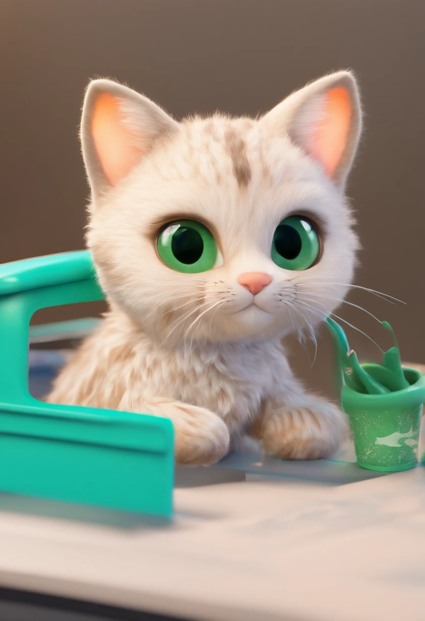 (Best quality,4K,8K,A high resolution,Masterpiece:1.2), Ultra-detailed, Realistic:1.37,
Big eyes cute cat, cute little cat, fluffy white fur, Wear a green trucker outfit, Box in hand, Wearing a cap