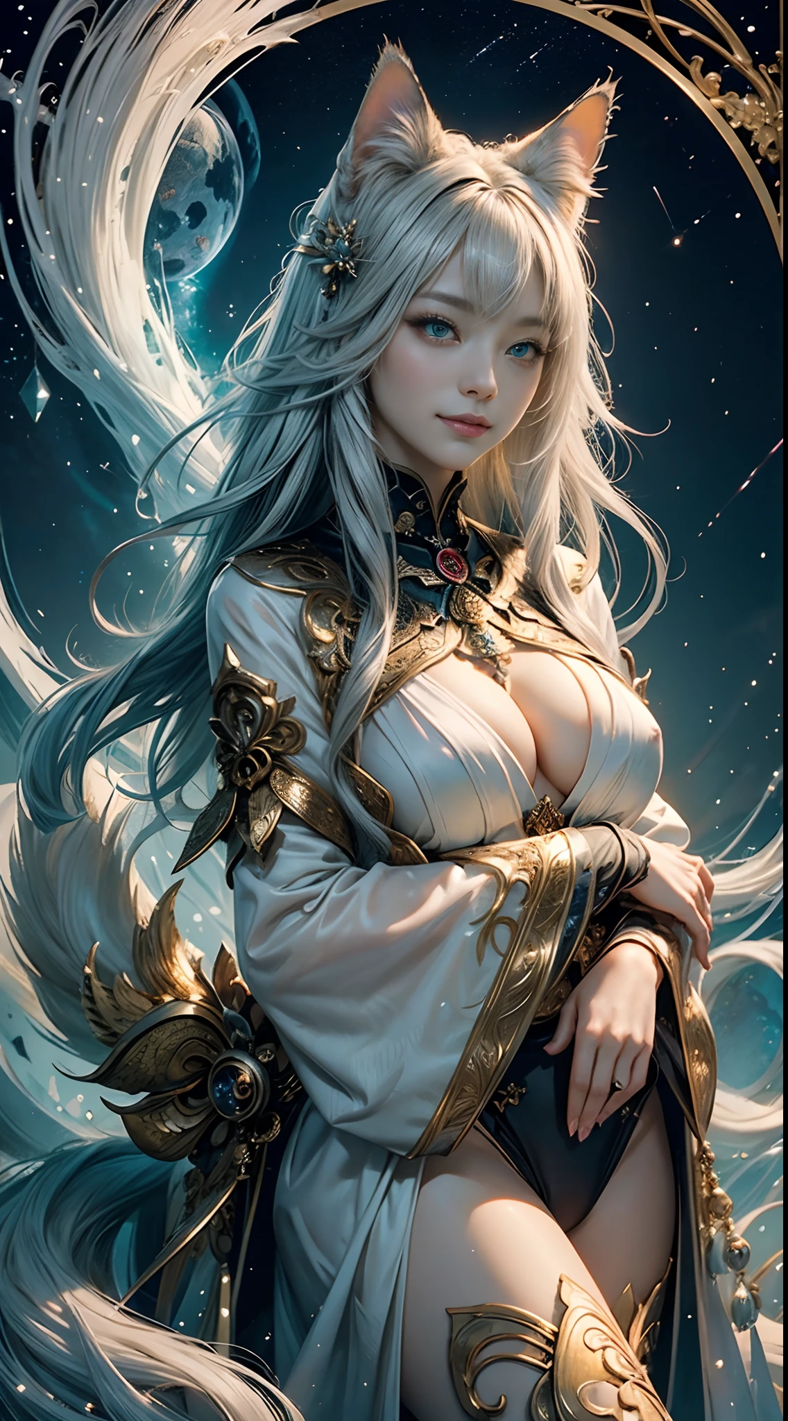 (masterpiece、top-quality、top-quality、Official art、Beautifully Aesthetic:1.2)、(1girl in)、Highly detailed、(Fractal Art:1.3)、colourfull、highest details, (Nine-Tailed Fox), 9 White, Black fox ears, (Cat's-eye:1.3), Foxes inspired by Japan's divinity, Transparent clothes of fantastic celestial warriors, Elaborately embellished with gold, Fantasy Japan Background, Soft smile, ultra-sexy, Big breasts, anatomically, Fine wraist with large defined hips, Soft expression, A smile, Silver long hair, Wave, Facing the front, Hair is spreading