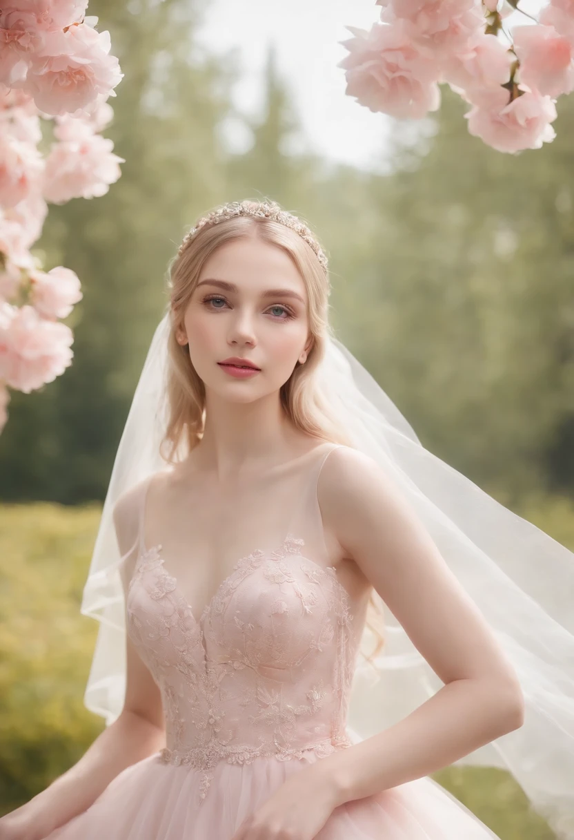 (Full body photo of 1 girl dressed as a bride,Wearing a large transparent veil and a pink dress + Soft and delicate + blond hairbl)+(Long dress in bright colors, bright light, long straight blond hair + Bright and welcoming eyes)+(Pink petals + light wind + with blue sky and white clouds + Green and flowering woods)