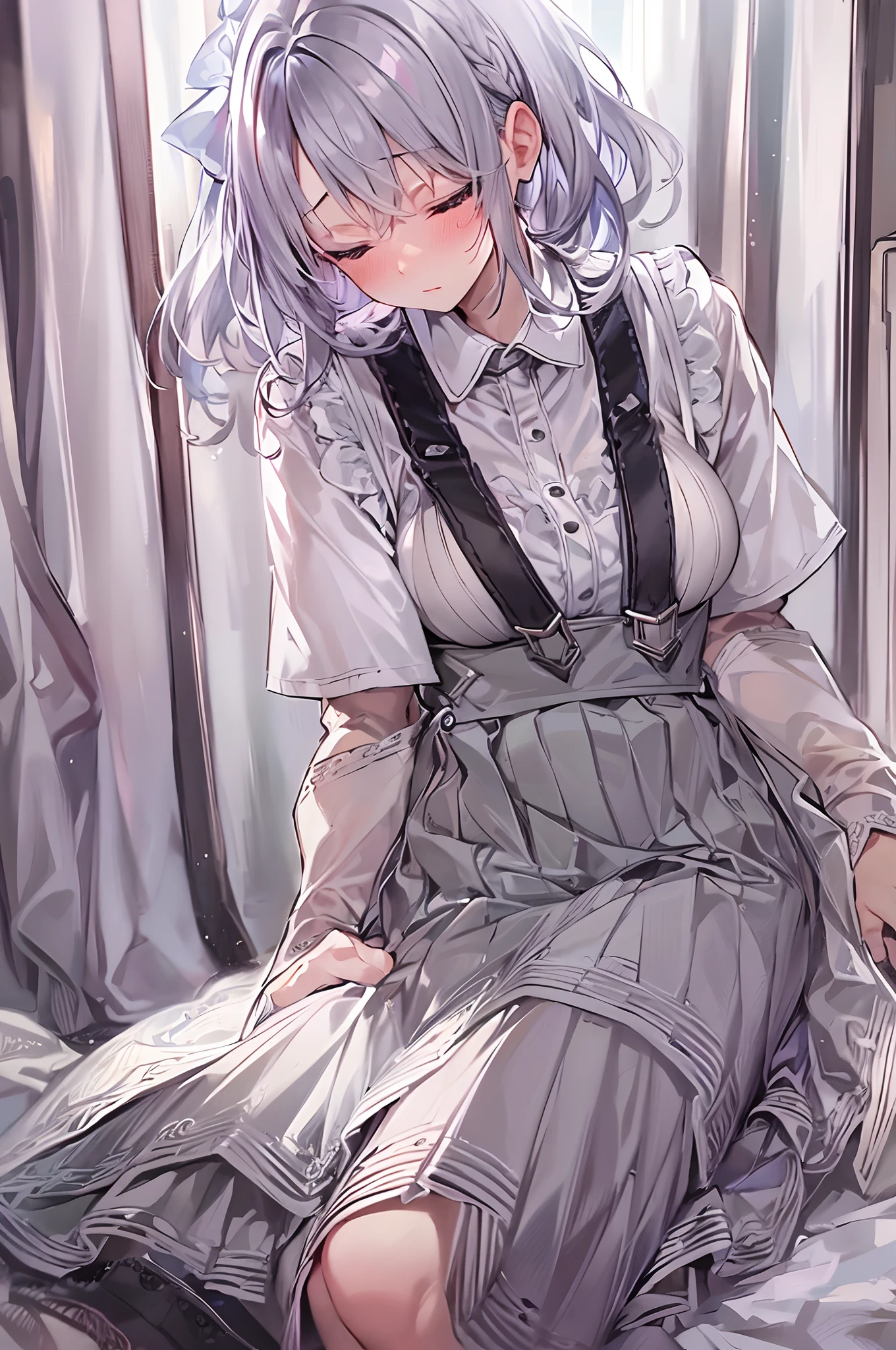 Best Quality, ultra-detailliert, very detailed illustration, silber hair, Aimei, embarrassed from,breastsout,((Suspender Skirt)),shed tears,a bed,laying on back,Black tie,