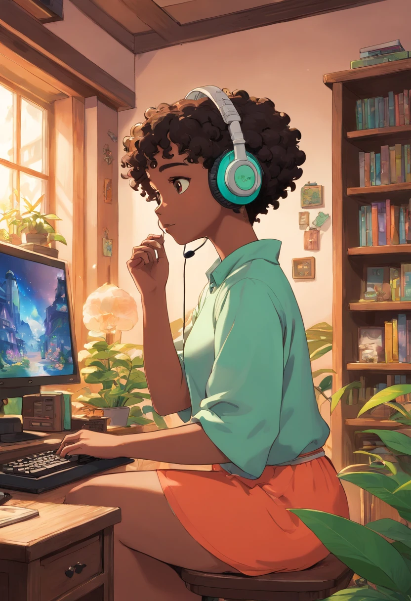 black girl with short curly wearing a gaming headset. she’s playing a game on her gaming pc. her room is cozy with lots of books and plants. she’s wearing corset outfits. She have a sad facial expression. her ears are pierced with beautiful earrings. put a sign that says clersims. she’s beautiful and elegant. add the name clersims in her room.