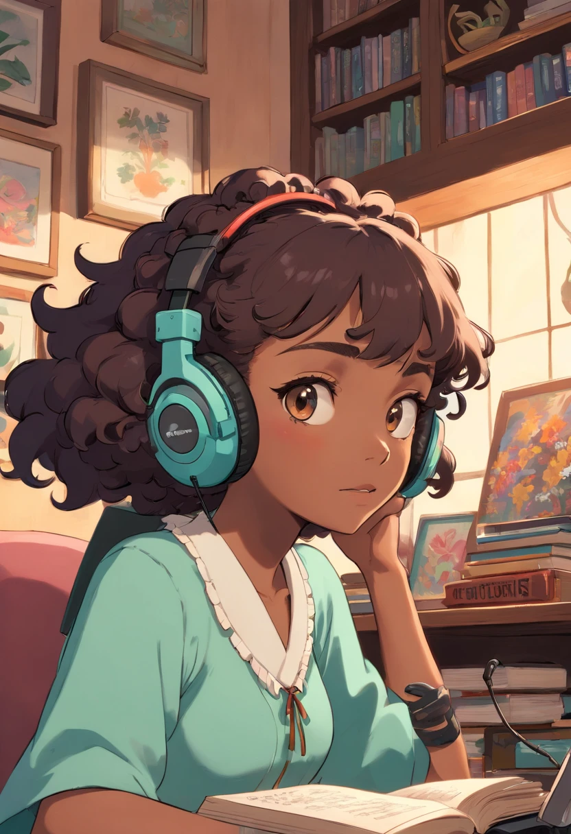 black girl with short curly wearing a gaming headset. she’s playing a game on her gaming pc. her room is cozy with lots of books and plants. she’s wearing corset outfits. She have a sad facial expression. her ears are pierced with beautiful earrings. put a sign that says clersims. she’s beautiful and elegant. add the name clersims in her room.