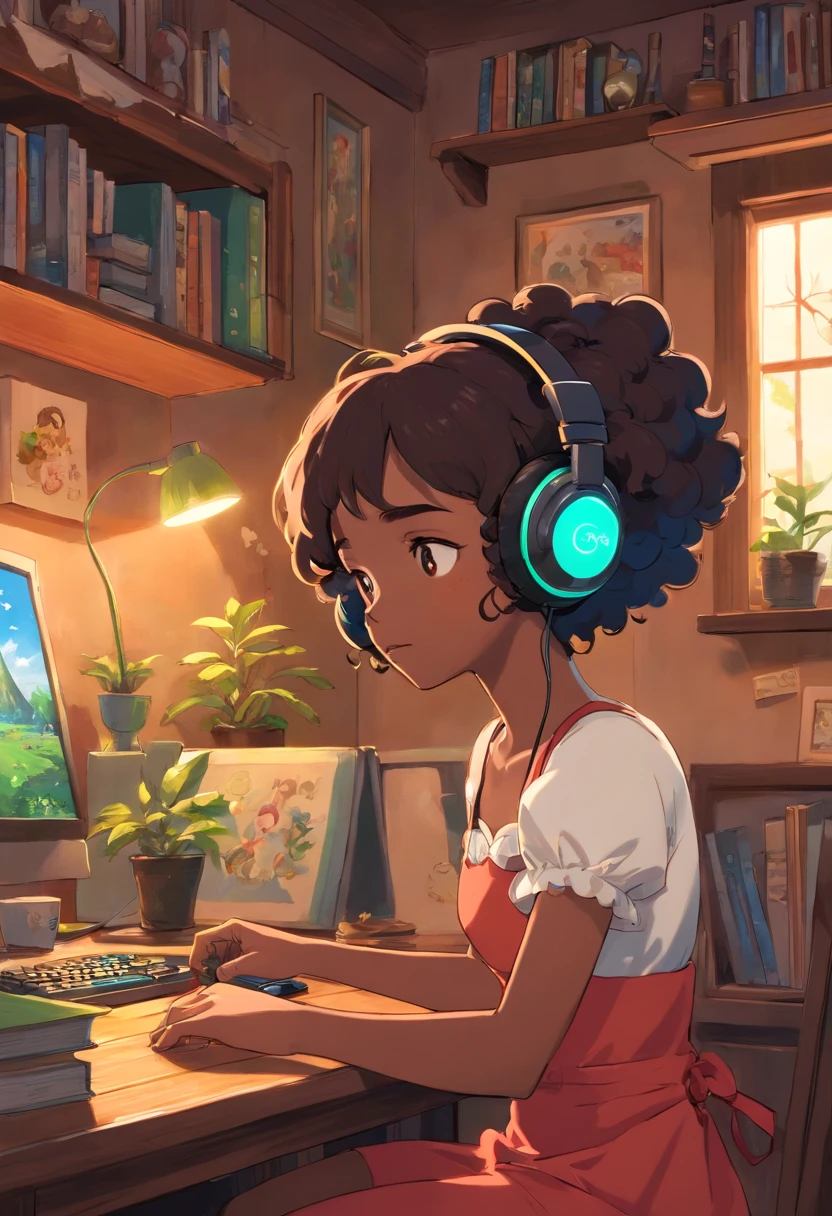 black girl with short curly wearing a gaming headset. she’s playing a game on her gaming pc. her room is cozy with lots of books and plants. she’s wearing corset outfits. She have a sad facial expression. her ears are pierced with beautiful earrings. put a sign that says clersims. she’s beautiful and elegant. add the name clersims in her room.