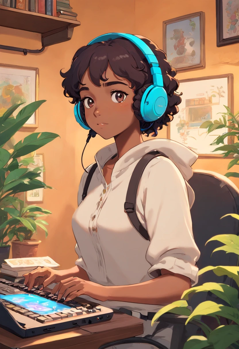 black girl with short curly wearing a gaming headset. she’s playing a game on her gaming pc. her room is cozy with lots of books and plants. she’s wearing corset outfits. She have a sad facial expression. her ears are pierced with beautiful earrings. put a sign that says clersims. she’s beautiful and elegant. add the name clersims in her room.