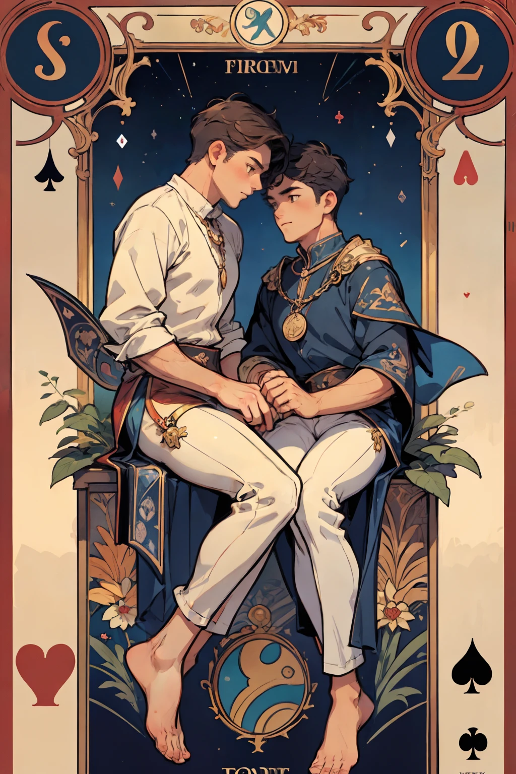 (2man),(playing card),art nouveau,tarot card Design, masterpiece, ULTRA DETAILED,(2male relationship),modern art style,fullbody, 20 years old man,Perfect body,Britain motif