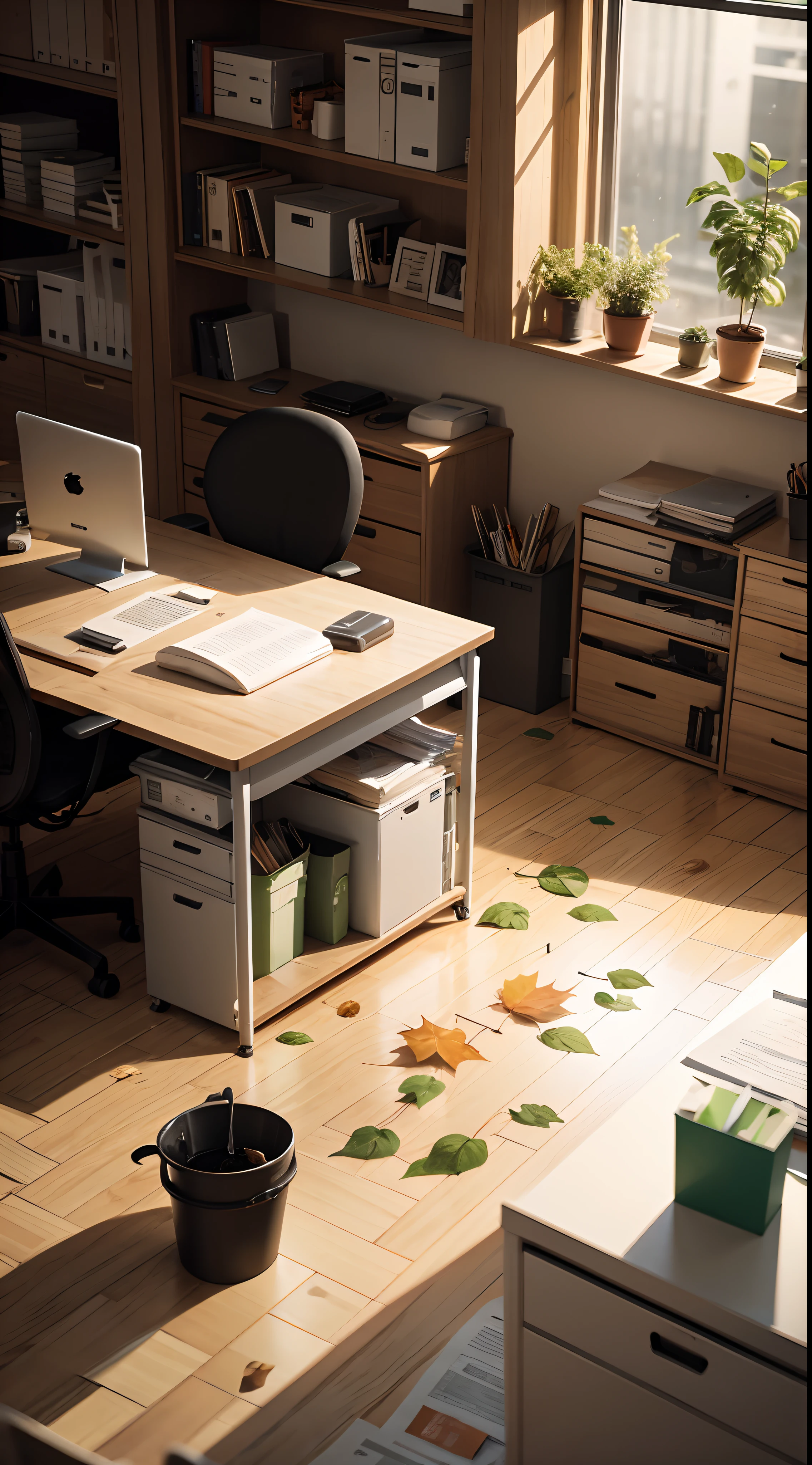 office, untidy workplace , lots of leaves