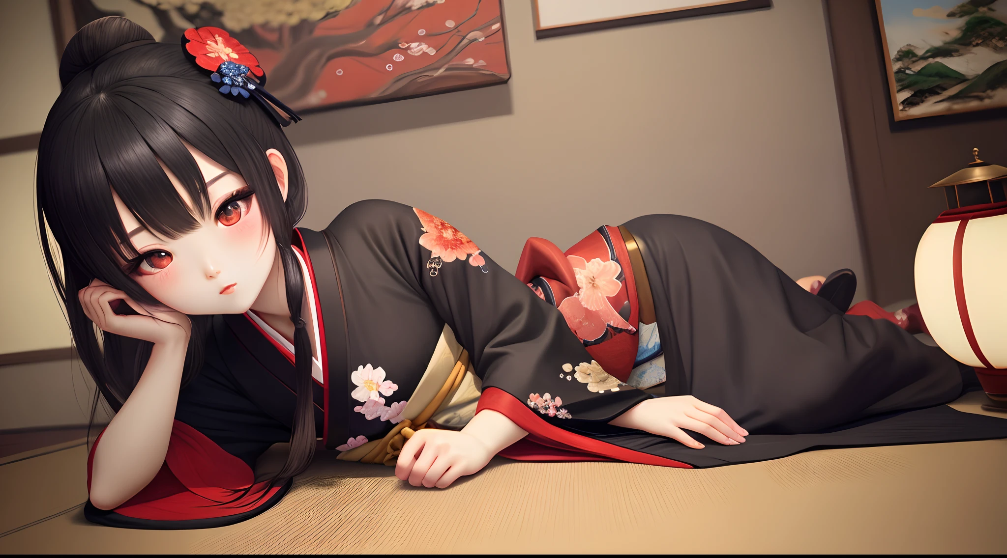 Black long straight，red color eyes，Flower decoration on the other side，prette，adolable，A little apathetic，black kimono，The eyes of the world，Genshin painting style，jpn
