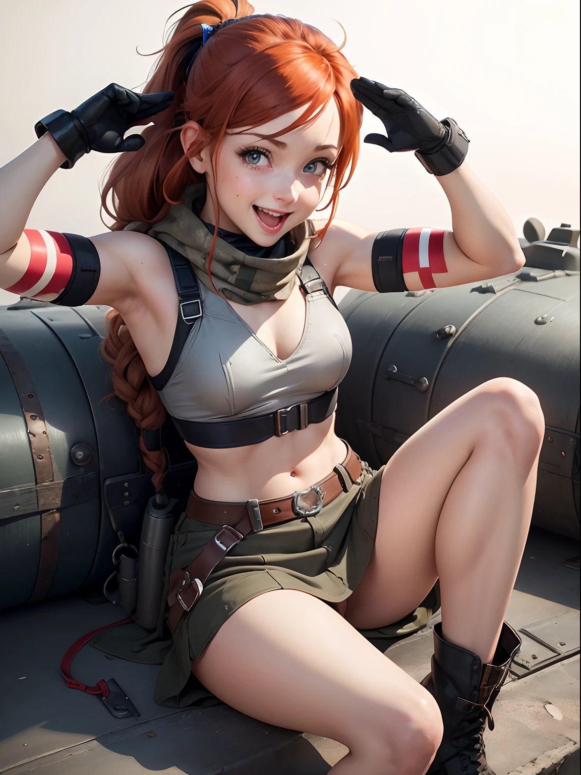 Wartime bomber 'nose art', one girl, Lindsey Stirling, 'bomber nose art', sitting on 5000 pound khaki bomb, flying, falling, dropping, whole bomb visible, bomb angled down, centred against empty white background, laughing out loud, saluting, saluting, saluting, cheerful face, joyous, long red hair tied in ponytail, blue eyes, wearing silvery chrome miniskirt, silvery chrome halter top, silvery chrome boots, petite figure, tiny breasts, very small breasts, edges picked out