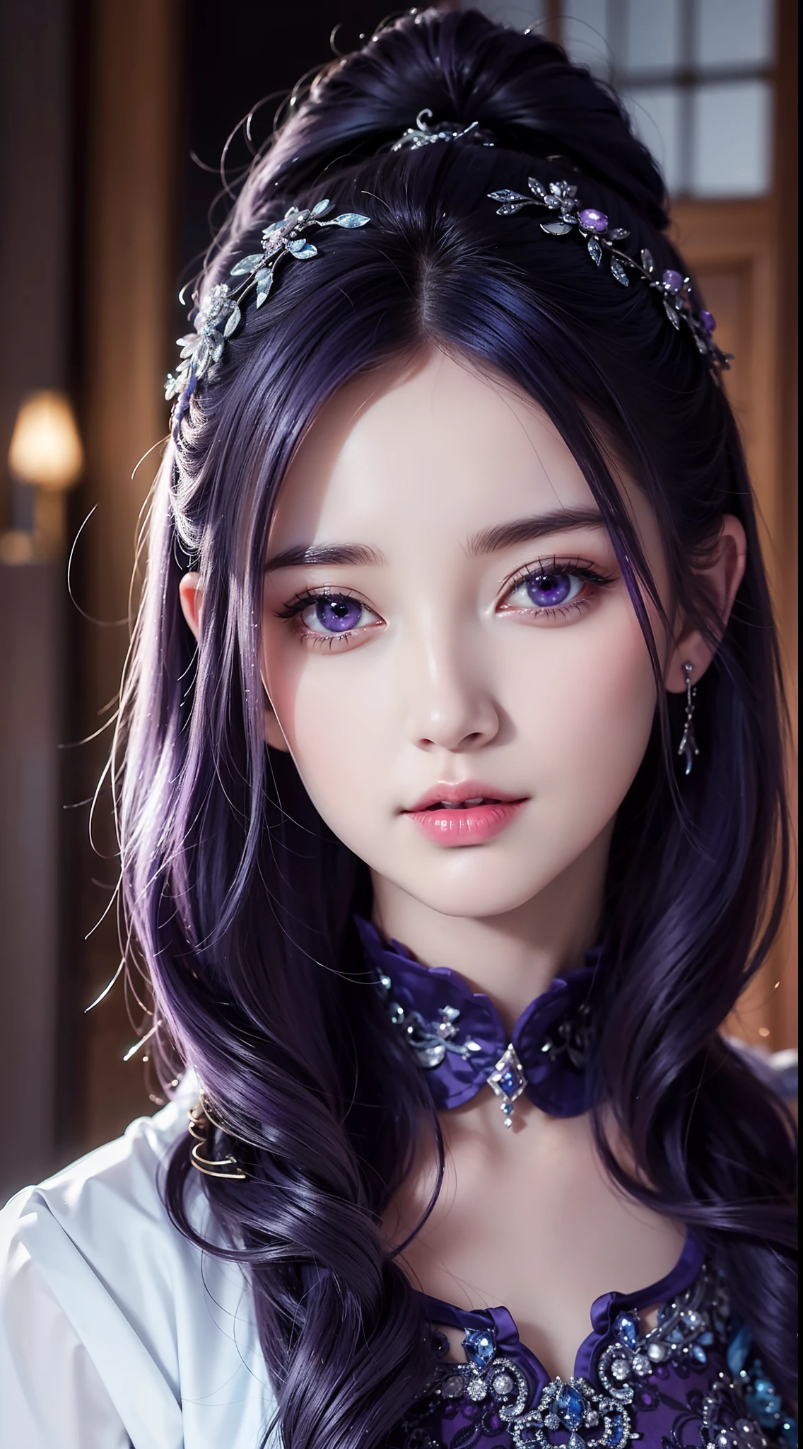 Take yourself to a fantasy and magical world, where a solitary figure stands on a beautiful façade. Single Girl, with blue-purple hair and piercing purple eyes, exudes strength and power. The close-up captures every detail, from the intricate design of the outfit to the emphasizing of her sensual features.