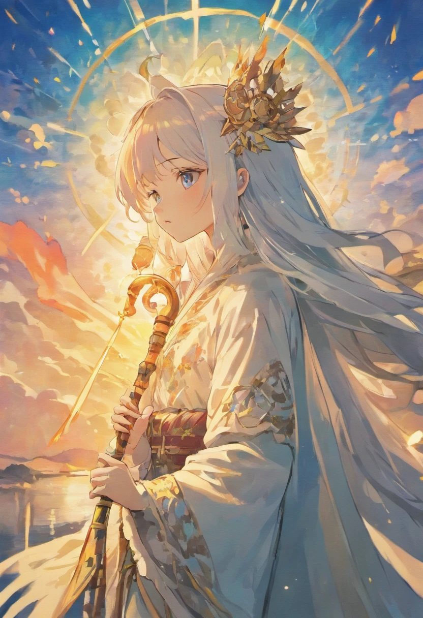 High quality, Rich in detail, A gentle-looking man holding a hole flute. They were dressed in fairy-like white clothing, Long hair shawl，There is a bamboo hairpin on the crown，The photo is a close-up of the face, The background is by the West Lake，There was a sunset in the sky