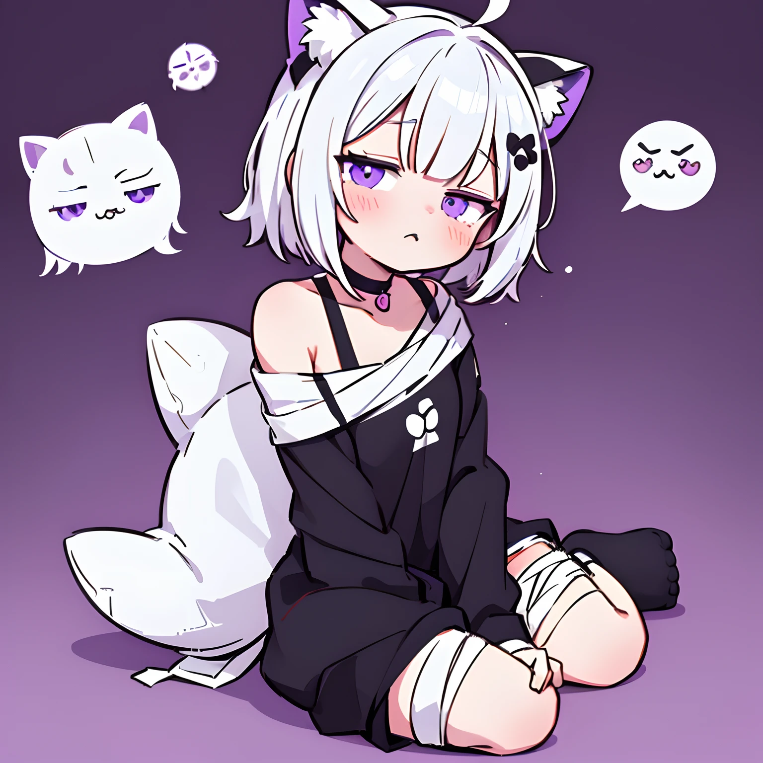 Anime girl with short white hair just above her shoulders, black pajamas, Choker,purple bows on hair, bandages on the hands,cute anime catgirl, anime cat girl, female furry mini cute style, anime style character, flat anime style ,One character,Anime vtuber model, anime moe artstyle, white cat girl,violet eyes,Sleepy view,Tired,sitting and writing lessons,Under-eye circles from fatigue,Loungewear,pretty,Cozy background