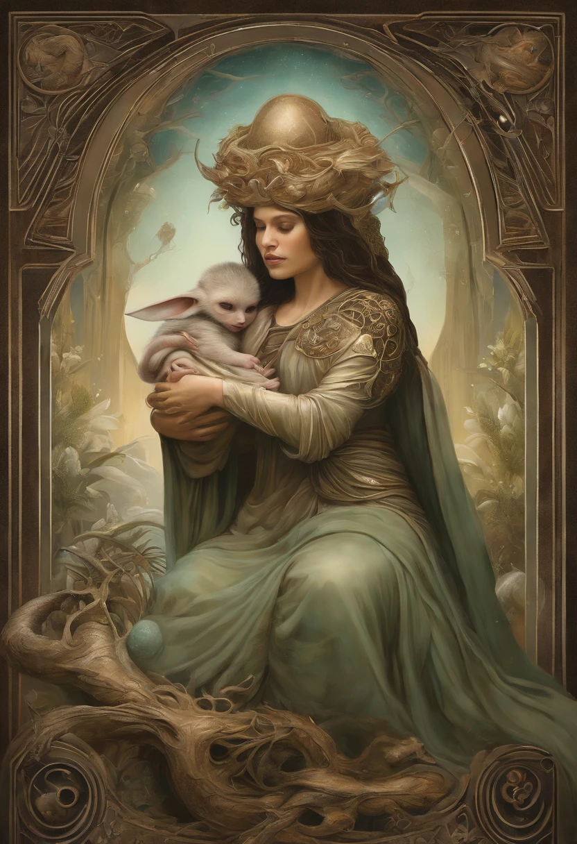 female Jedi cradling the Yoda for feeding in Starwars, high quality, highly detailed, fantasy, At the forefront of this enchanting scene stands a fantastical creature, a harmonious fusion of the whimsical beings imagined by Hieronymus Bosch and the organic fluidity found in Alphonse Mucha's art nouveau lines, This creature becomes a captivating focal point, embodying the essence of surreal enchantment and organic elegance, Adding an otherworldly touch, elements inspired by H.R. Giger's biomechanical aesthetic seamlessly integrate into the cosmic tableau, by yukisakura, awesome full color,