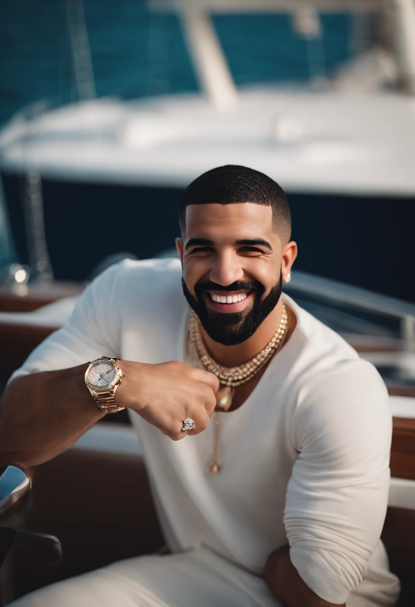portrait of drake in miami on a yacht, diamond patek phillipe on wrist, diamond stud earrings, smiling, high resolution,