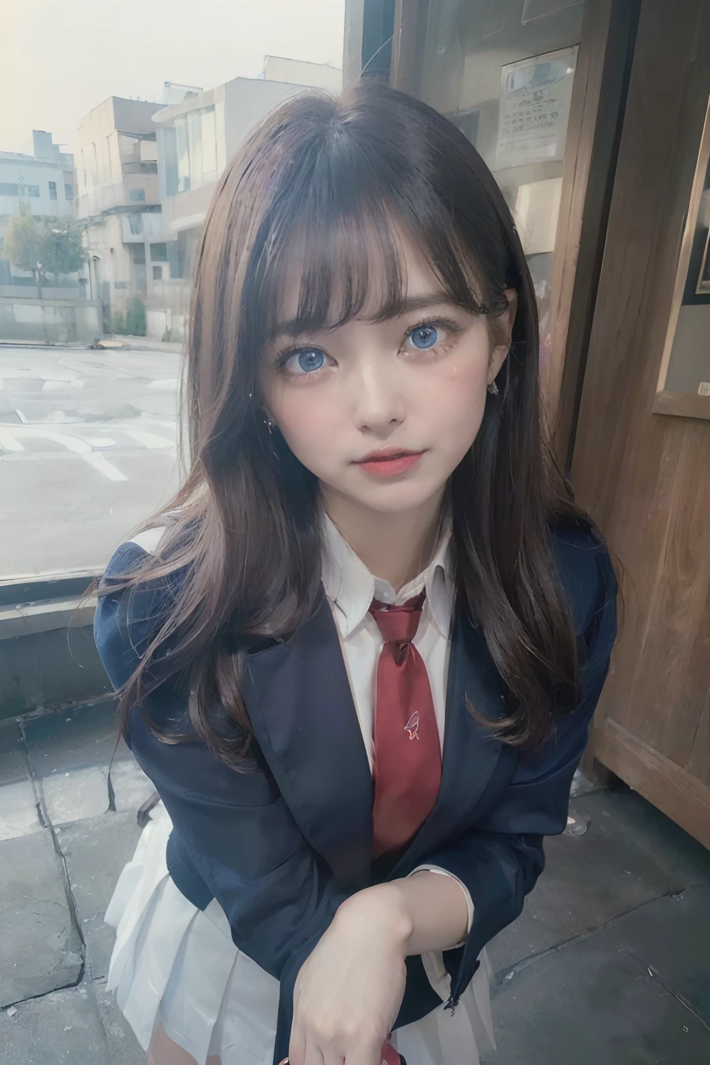 ((8K, top-quality, ​masterpiece, 超A high resolution, Photorealsitic:1.5)), 1girl in, cute sexy high schoolgirl, Perfect dynamic composition, In the school, tilt the neck, Take a look at you:1.4, Highly detailed eye and face texture:1.3, Fair skin, ((red necktie, Blazer Uniform:1.5, Open valley, Well-shaped big)), (Beautiful blue eyes, Eyes that feel beautiful eros:1,5, is crying:1.5), (Face feeling ???????:1.5, Sexy face:1.5, red blush:1.3), (A mouthfeel that feels beautiful eros:1.55, Duck mouth), (Intense courtship:1.7), ((((Too erotic))))