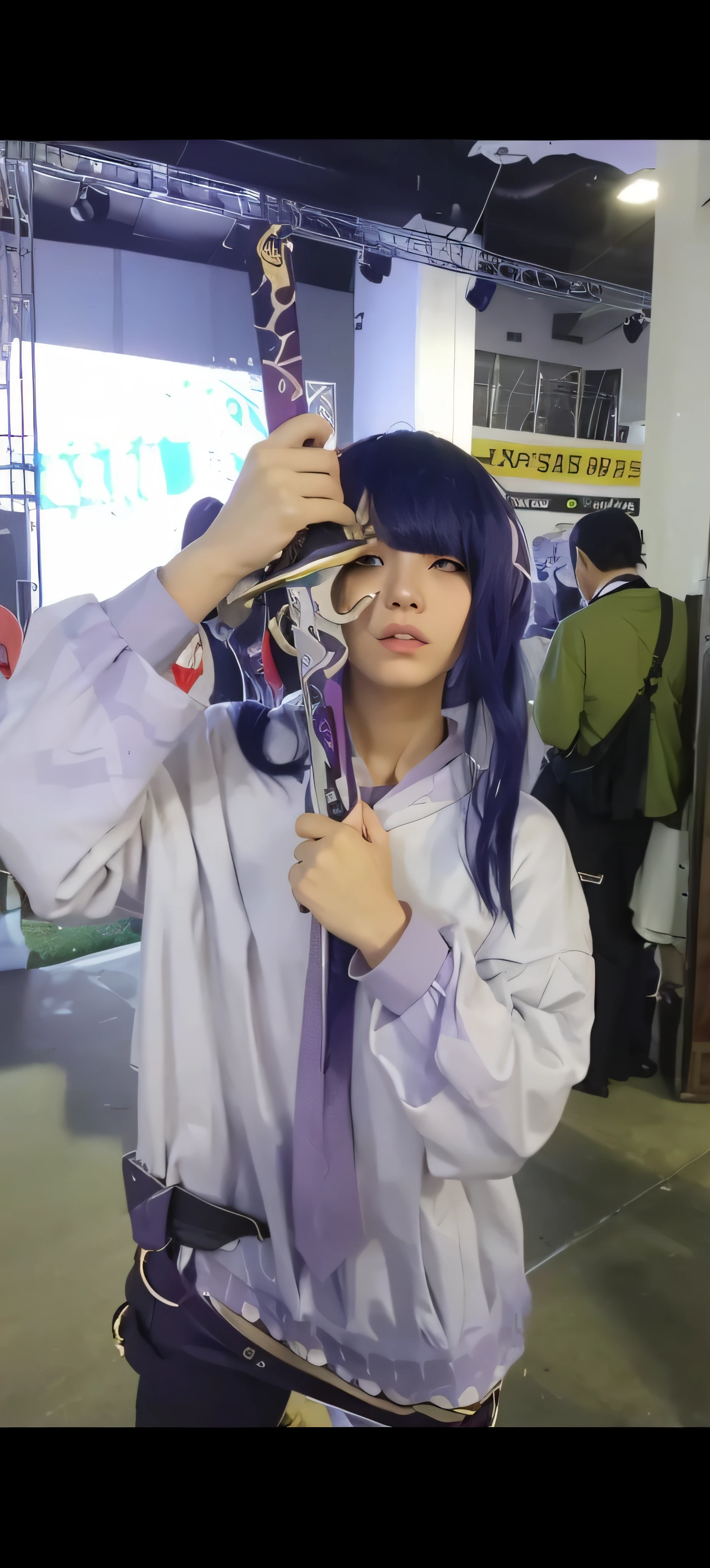 Alafi wears a white shirt and purple tie,Skateboard in hand, Anime cosplay, rpgmaker, cosplay, professional cosplay, realistic cosplay, Anime girl cosplay, as an anime character, full-cosplay, inspired by Leng Mei, Ayaka cosplay, zhongli from genshin impact, Anime girl in real life, low quality video, cosplay foto