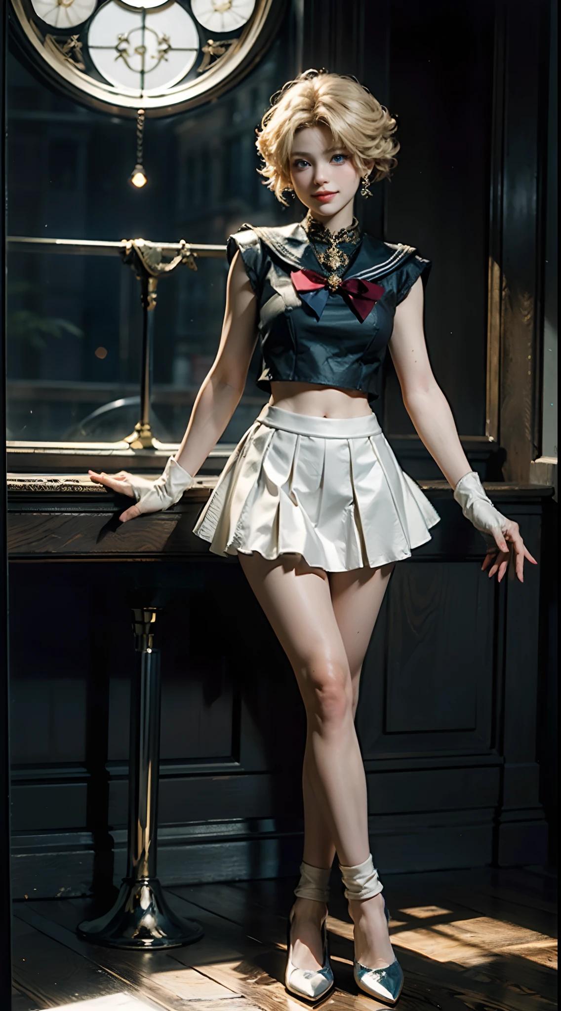 (Extreme detail CG Unity 8K wallpaper, masterpiece, highest quality), (exquisite lighting and shadow, highly dramatic picture, cinematic lens effect), (Sailor Moon: 1.1), charming smile, double tail, blue eyes, blond hair, tight top, white gloves, mini skirt, dynamic pose), the background is the universe (excellent detail, excellent lighting, wide angle), (excellent rendering, enough to stand out in its class),