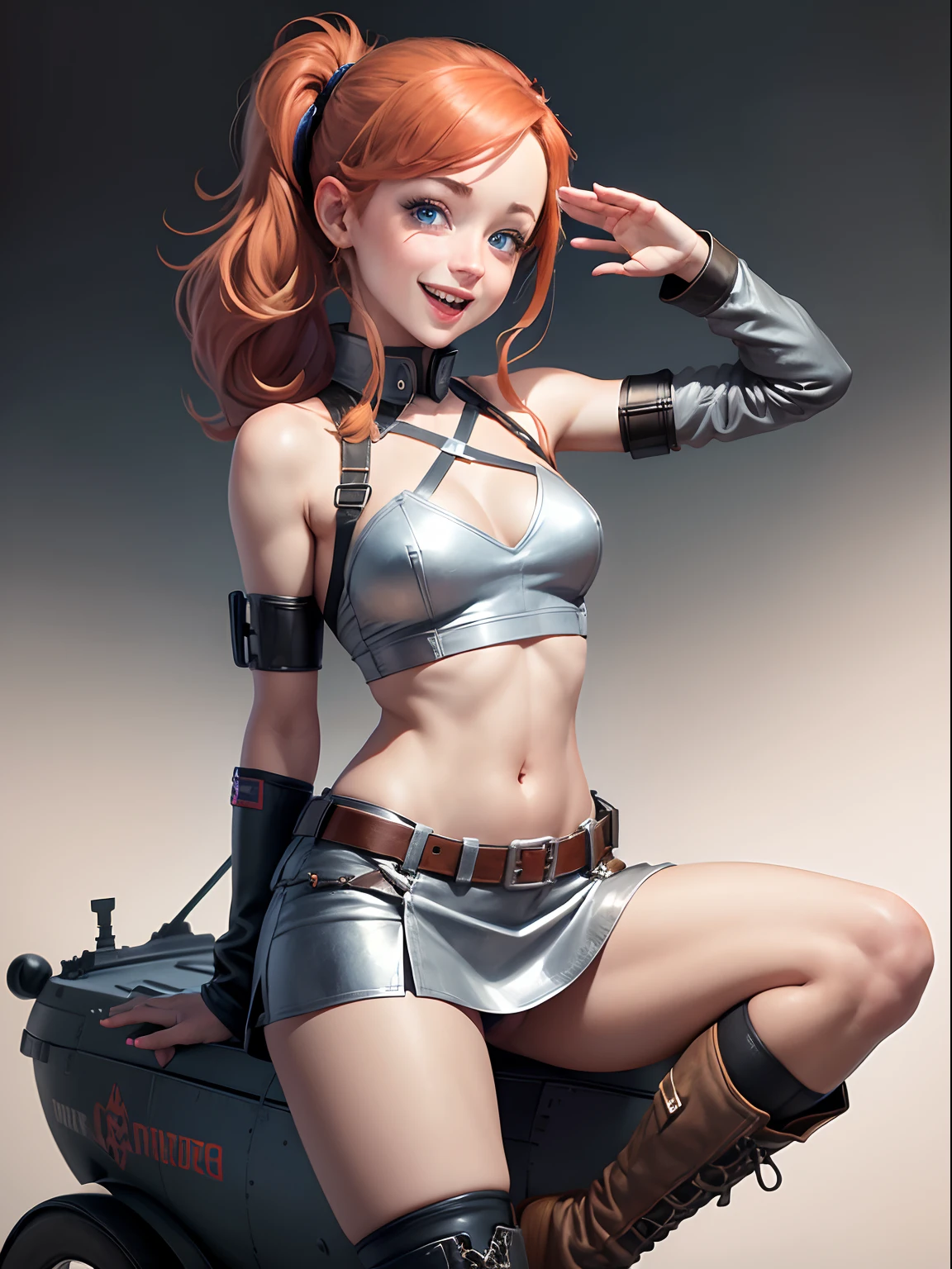 Second World War bomber, painted 'nose art', one girl, Lindsey Stirling, 'bomber nose art', sitting astride 5000 pound bomb, flying, falling, floating, dropping, whole bomb visible, centred against empty white background, laughing out loud, saluting, saluting, saluting, cheerful face, joyous, long red hair tied in ponytail, blue eyes, wearing silvery chrome miniskirt, silvery chrome halter top, silvery chrome boots, petite figure, tiny breasts, very small breasts, edges picked out