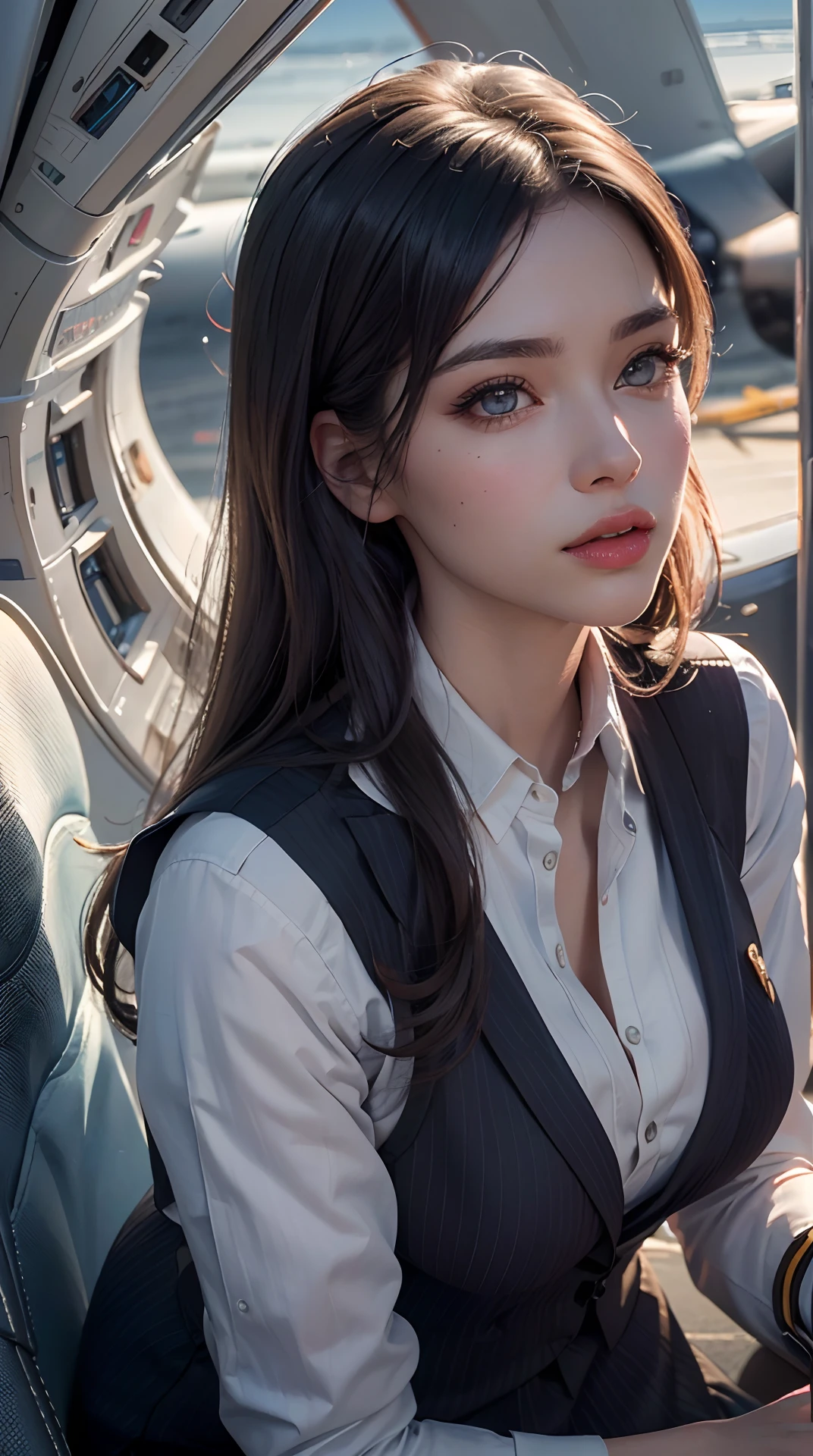 (best quality,4k,8k,highres,masterpiece:1.2), ultra-detailed, (realistic,photorealistic,photo-realistic:1.37), (beautiful detailed eyes, beautiful detailed lips, extremely detailed eyes and face, long eyelashes), studio lighting,physically-based rendering,vivid colors, (big tits, super big tits, super extra big tits:0.8), (flight attendant:1.5),