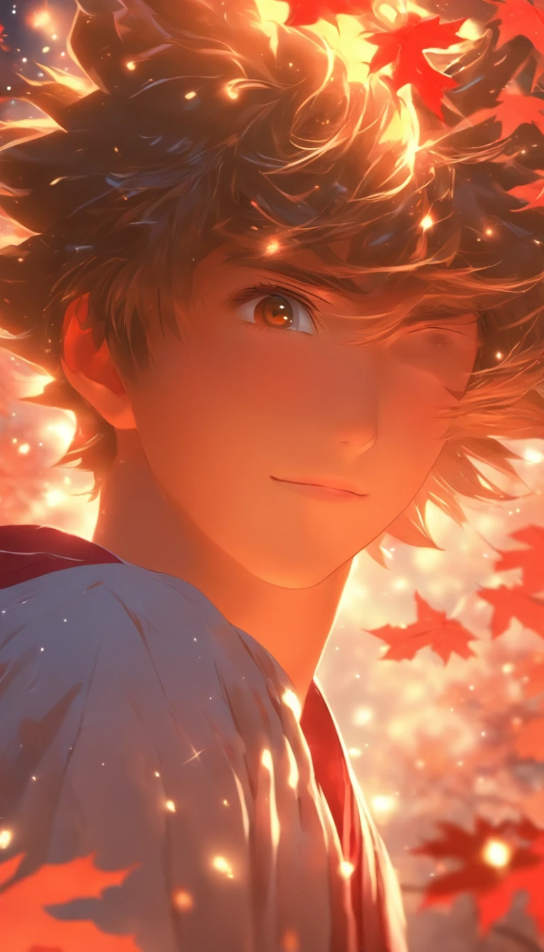 beautiful face, Fantastic eyes, John Shirley's smile, Long hair blowing in the breeze, Gently touch your fingers, The courtyard illuminated by the gentle moonlight,Crimson maple leaves cover the entire ground,Stars dot the night sky,Boundless fields stretch into the distance。The picture texture is very good,The color is bright,The light is soft but bright。The texture of the final image is very realistic,Full of detail and vividness,It perfectly captures the style of Kyoto Animation,And will《Your name》The cinematic style is incorporated into it。The painting is full of romance and dreams,Reminiscent of a quiet and charming night,It's refreshing,Immerse yourself in a light atmosphere。