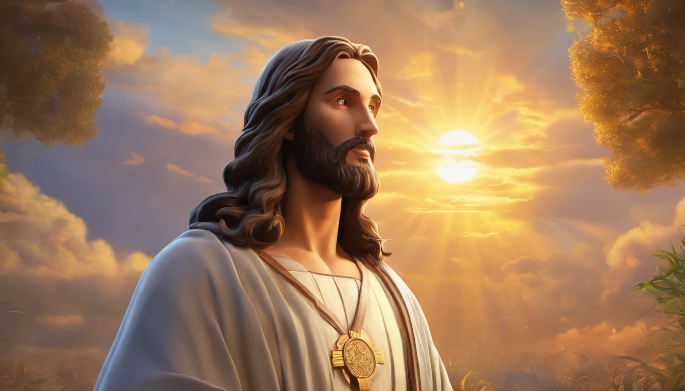 In this stunning image, Jesus is portrayed with breathtaking clarity and vividness. His compassionate eyes radiate warmth and understanding, drawing you into the scene. The intricate brushstrokes capture the softness of his flowing hair and the serene expression on his face. A halo of golden light surrounds him, illuminating his divine presence. This masterful painting evokes a sense of peace and reverence, inviting viewers to reflect on the profound love and wisdom embodied by Jesus.r