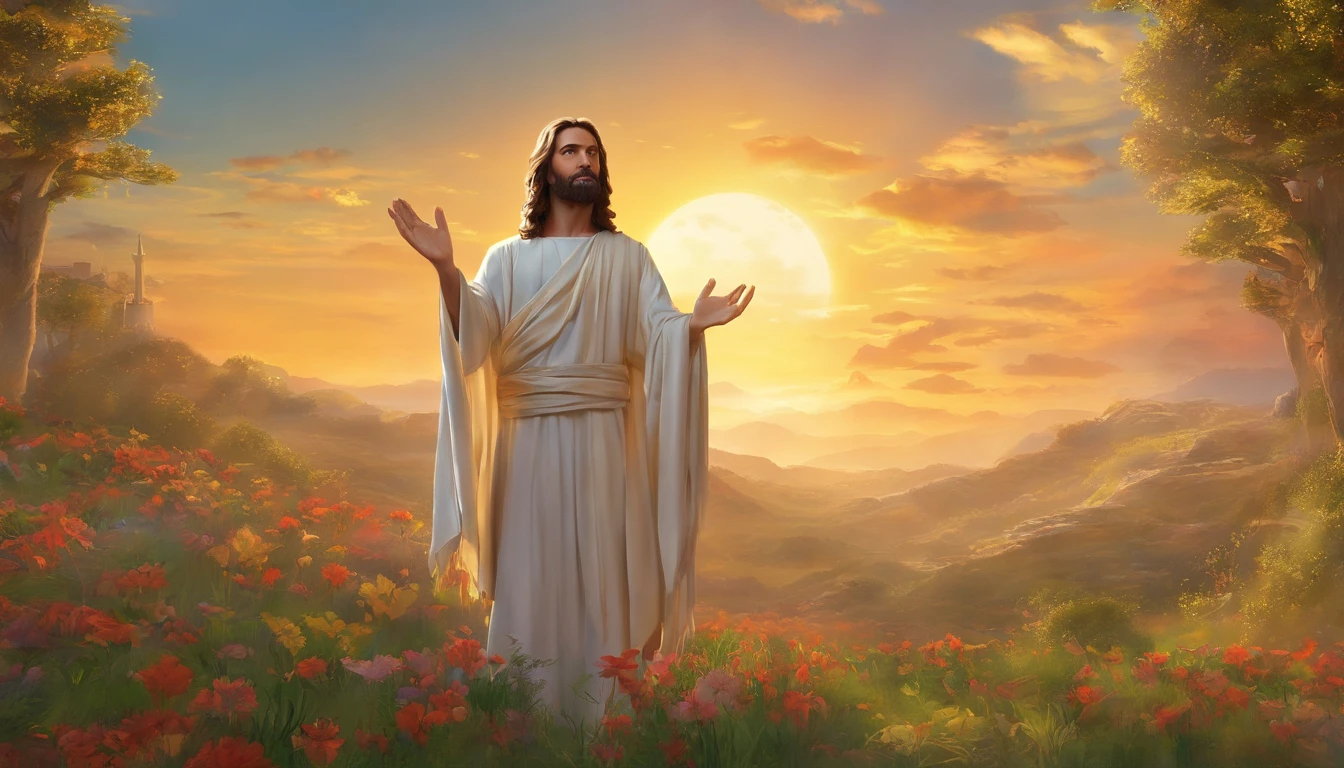 In this stunning image, Jesus is portrayed with breathtaking clarity and vividness. His compassionate eyes radiate warmth and understanding, drawing you into the scene. The intricate brushstrokes capture the softness of his flowing hair and the serene expression on his face. A halo of golden light surrounds him, illuminating his divine presence. This masterful painting evokes a sense of peace and reverence, inviting viewers to reflect on the profound love and wisdom embodied by Jesus.r