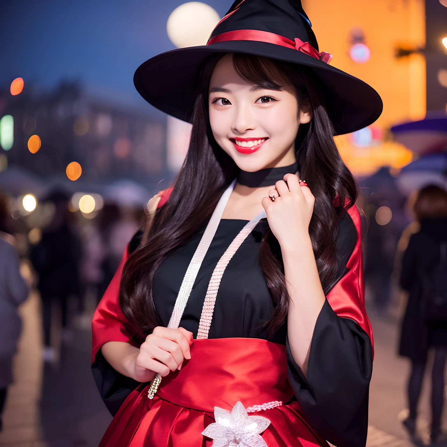 Best quality, beautiful lady, cute lady, Japanese lady, smile, Halloween costume, night city, moon, street, hat , red lips, clear skin