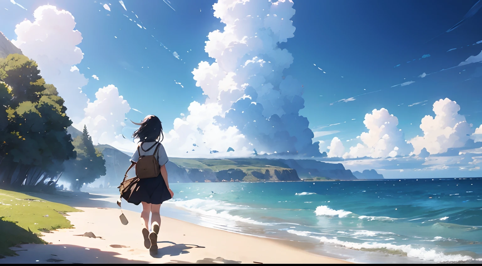 Beautiful countryside background by the sea、Beautiful sandy beach、The main character of the girl is walking in the distance、Beautiful black hair、Rear view、Capture the whole thing from a distance、ultra-detailliert、Like Makoto Shinkai