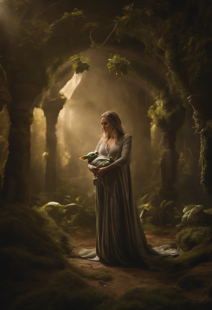 female Jedi cradling the baby Yoda for breast feeding in Starwars, high quality, highly detailed, fantasy, At the forefront of this enchanting scene stands a fantastical creature, a harmonious fusion of the whimsical beings imagined by Hieronymus Bosch and the organic fluidity found in Alphonse Mucha's art nouveau lines, This creature becomes a captivating focal point, embodying the essence of surreal enchantment and organic elegance, Adding an otherworldly touch, elements inspired by H.R. Giger's biomechanical aesthetic seamlessly integrate into the cosmic tableau, by yukisakura, awesome full color,
