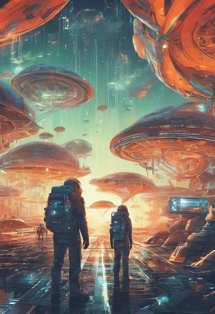 Two astronauts in space suits standing in front of a spaceship - SeaArt AI