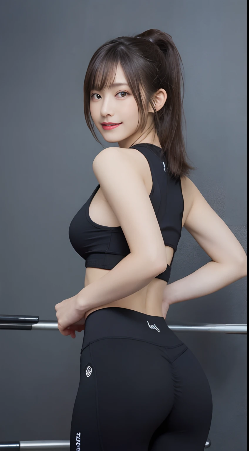 masutepiece, Best Quality, Live action, Ultra-detailed, finely detail, hight resolution, 8K Wallpaper, Perfect dynamic composition, Beautiful detailed eyes, Medium hair in a ponytail,Huge chest under the shirt:2.0、Natural Color Lip, Bold sexy poses,Smile,20 years girl、Cute、Sexy shot looking at camera、Shot from the knee up、full body seen、((Being in the gym:2.0、Long Sky High Neck Long Pants Yoga Wear、Black walls、Power Rack、From the knee up、Line、big eye、long lashes、Colossal tits:1.5、posterior view、backs、))