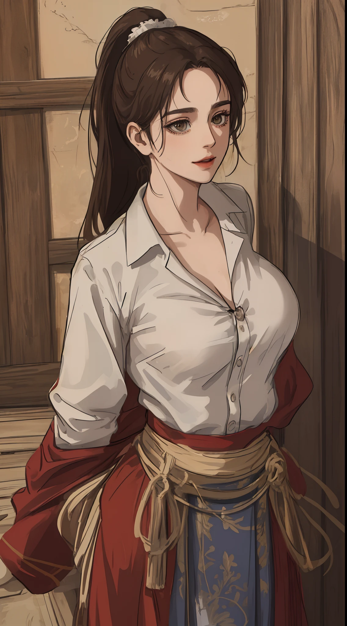 masterpiece, best quality, highest quality, perfect anatomy, highres, ultra-detailed, 8k wallpaper, texture, detail, unique, HDR, extremely detailed CG, Azuma Hisato, 1 girl, Solo, full body, standing, ponytail, brown_hair, Bangs, brown_eyes, 20yo, mature female, looking at viewer, smile, lewd face,naked boobs ,having sex,xxx, (Beautiful,large_Breasts:1.4), (beautiful_face:1.5),(narrow_waist), office outfit, office uniform