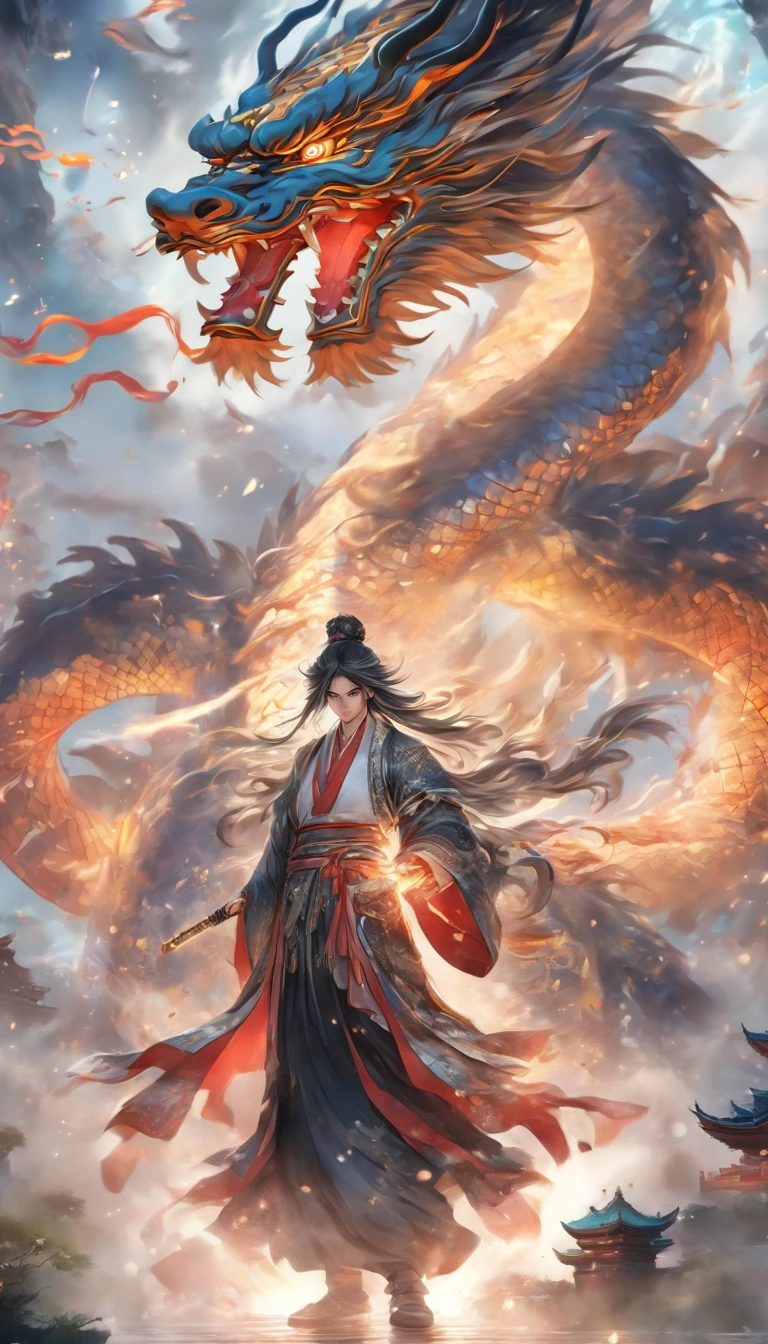 China style,中景 the scene is,The mechanical-style Taoist priest stood in front of a huge transparent dragon,reaching out her hands,With a sword in his right hand, he confronts the dragon,Long messy hair,Glow effect,Hyper-realistic,Ultra photo realsisim,Chinese black and white ink style,Silver,Decolorization,Smudge,Inky,8K,super-fine,high qulity,OC renderer