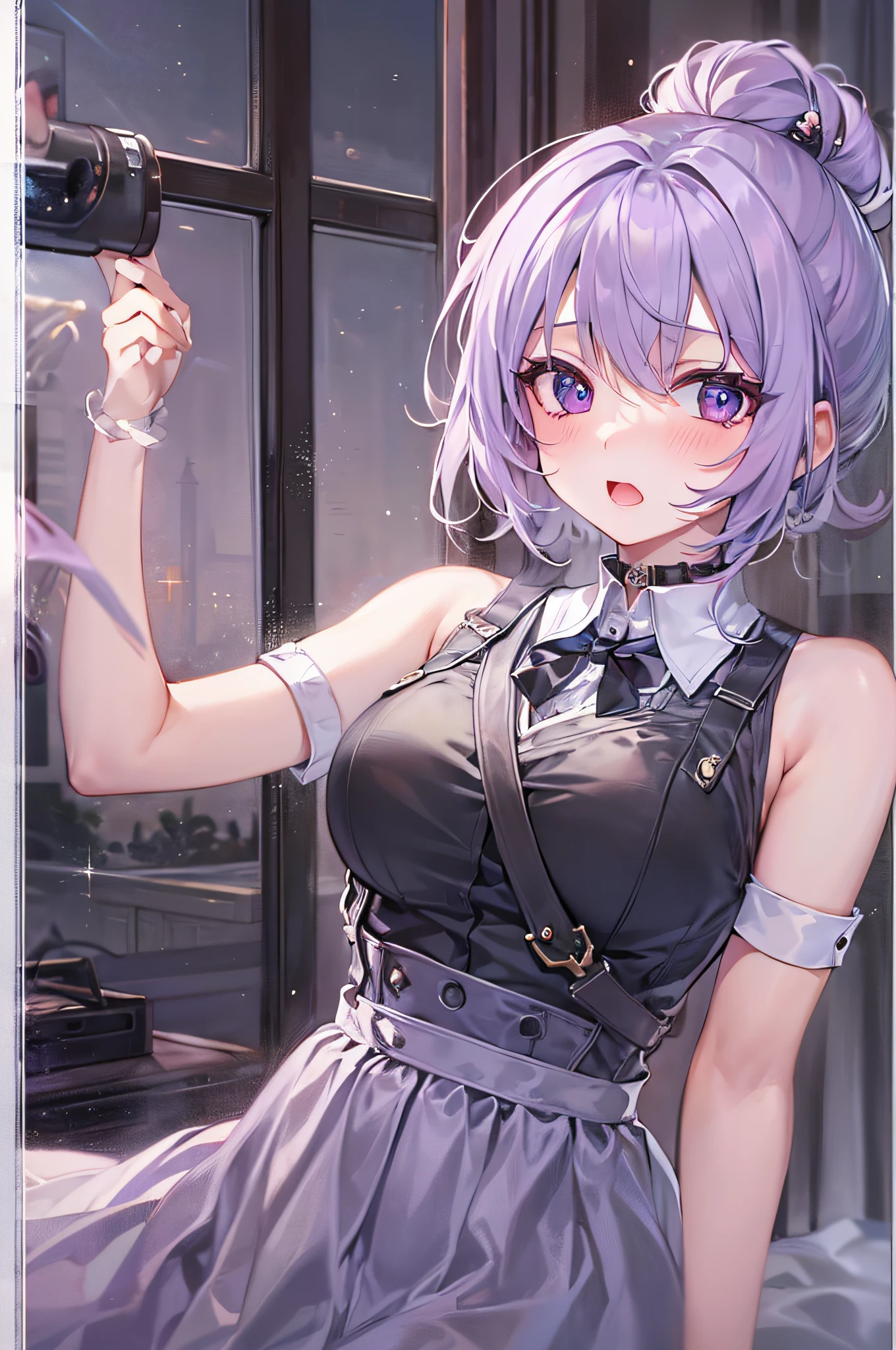 ((best quality)), ((Masterpiece)), (details), Young woman, alone, ( small breasts, light purple hair, blue eyes, ((short hair)) , beautiful face, Beautiful skin, Long eyelashes, Thick eyelashes) , (Casino croupier),((Casino Uniform)),Tuxedo,vest,jacket,tie