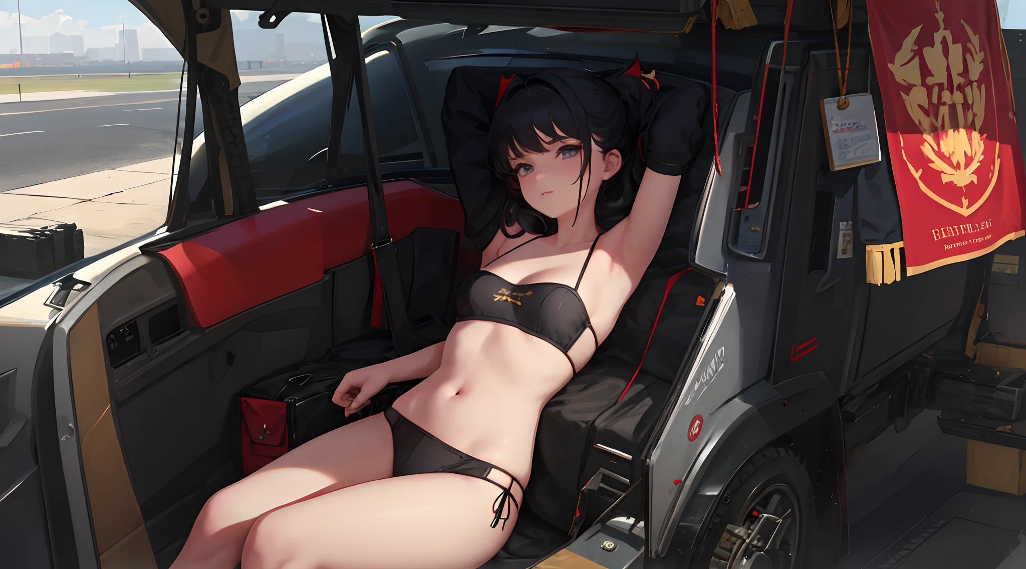 The girl is wearing a black bandeau inside and a red military uniform outside