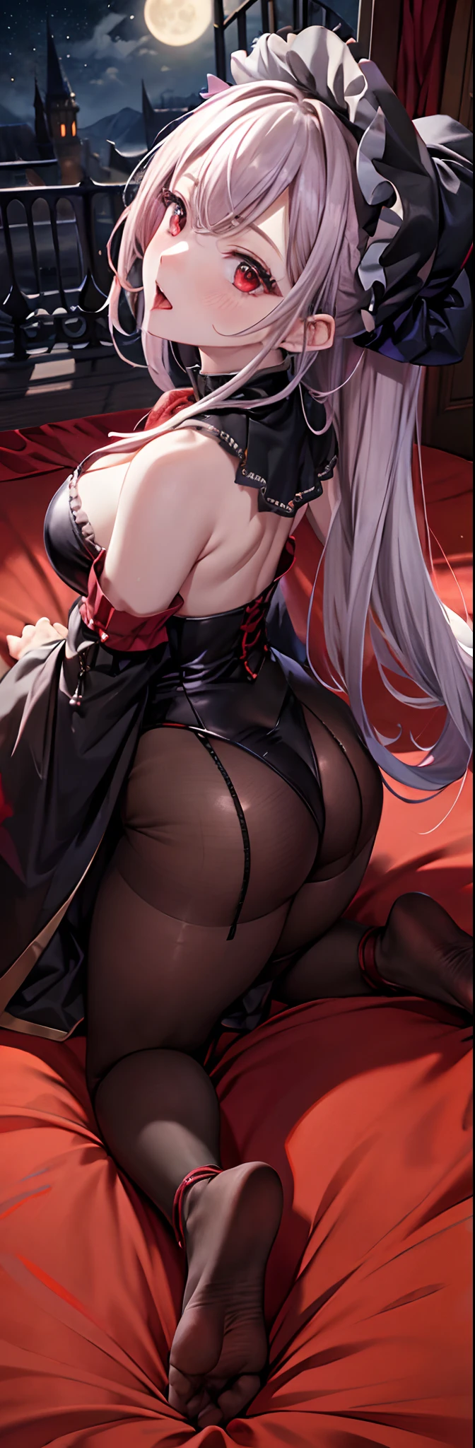 absurderes, ultra-detailliert,bright colour,(in 8K:1.3),masuter piece,extremely beautiful detailed face and eyes,full body Esbian、(horor)、put out the tongue、Valley、cabelos preto e longos、red eyes、Return blood、Starry sky and full moon,Red underwear、Black cloak、(double tooth)、Skull on the floor、Bedroom in Devil's Castle