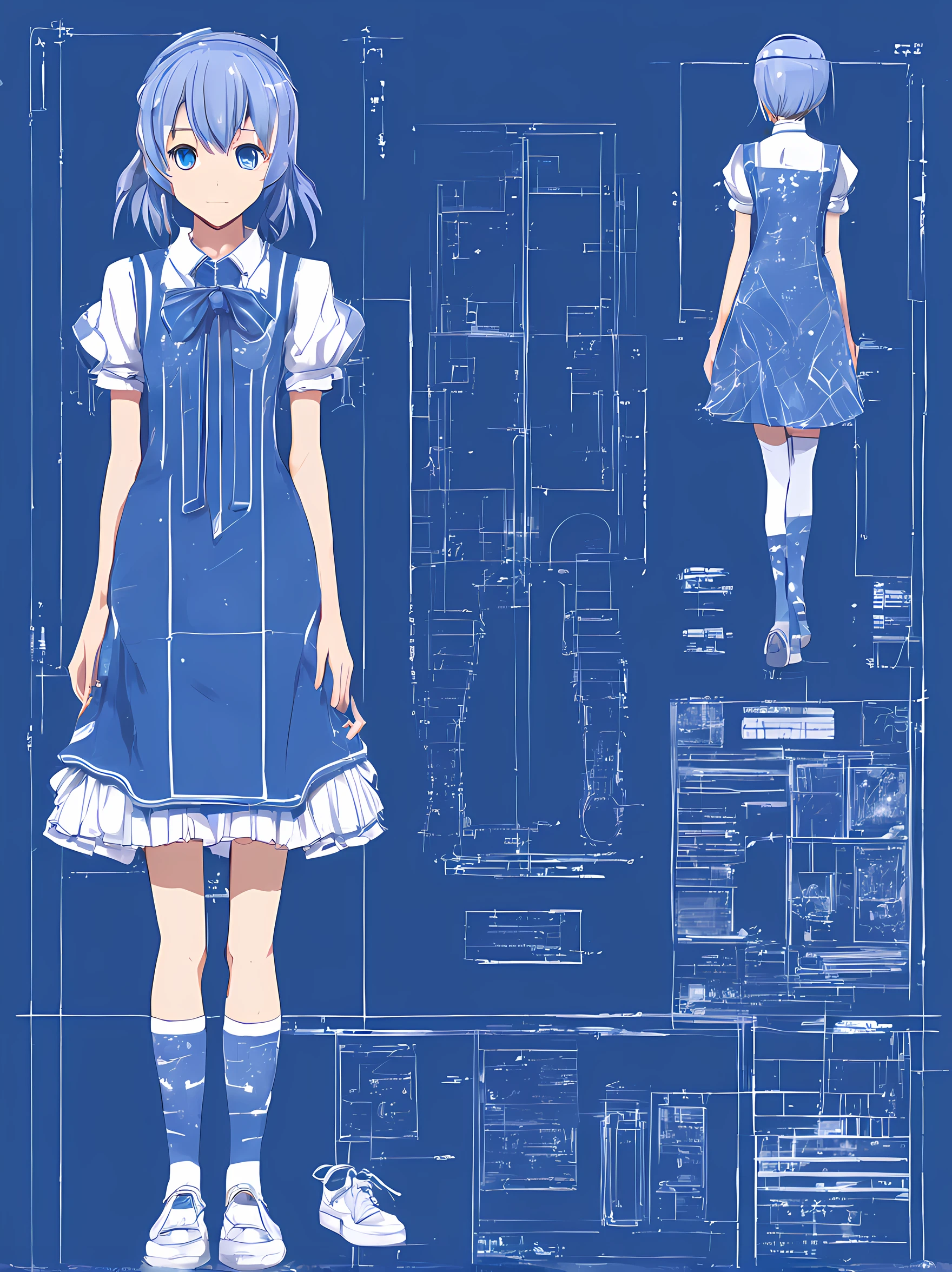 concept art of , bl3uprint, a highly detailed blueprint of a anime girl full-length, wearing a dress, long socks and flat shoes.