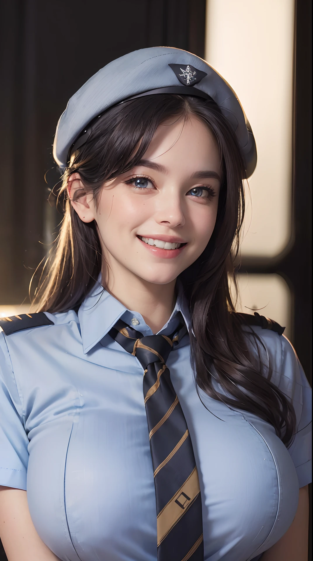 (best quality,4k,8k,highres,masterpiece:1.2), ultra-detailed, (realistic,photorealistic,photo-realistic:1.37), (beautiful detailed eyes, beautiful detailed lips, extremely detailed eyes and face), studio lighting, physically-based rendering,vivid colors, (big tits, super big tits, super extra big tits:0.8), (portrait, smile and laugh:1.5), (pilot's uniform, tie, shirt, hat, watch, clean appearance:1.5), (soft lighting:0.8),