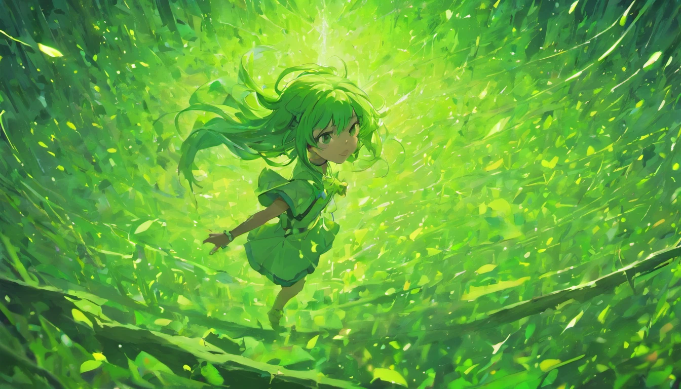 Faraway view、A girl with long green hair，Work your magic in the air