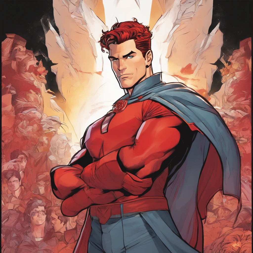 Male, Late twenties, Red eyes, wavy short hair with red streak, Muscular, red and black suit. Pointed ears, arms crossed, amused expression. Dark cloud background. Ring on ring finger.
