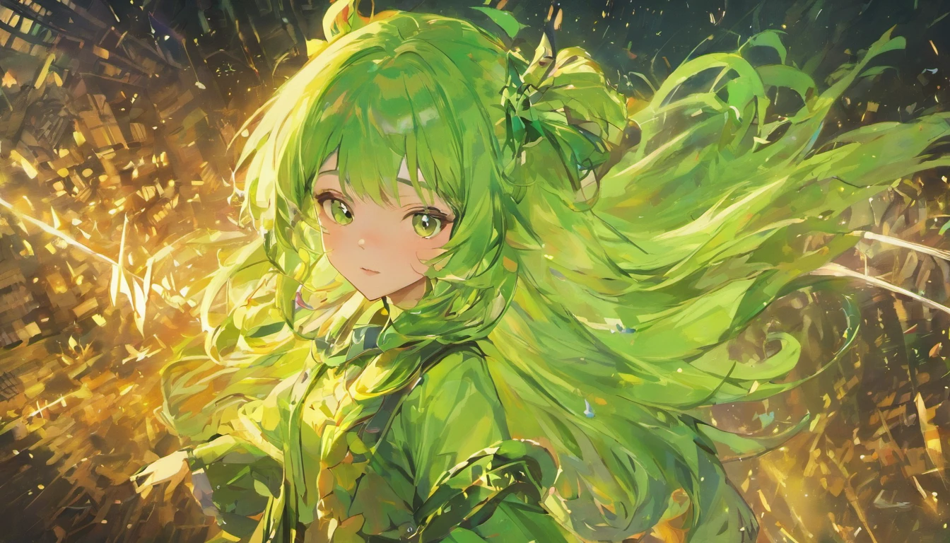 Faraway view、A girl with long green hair,Work your magic in the air