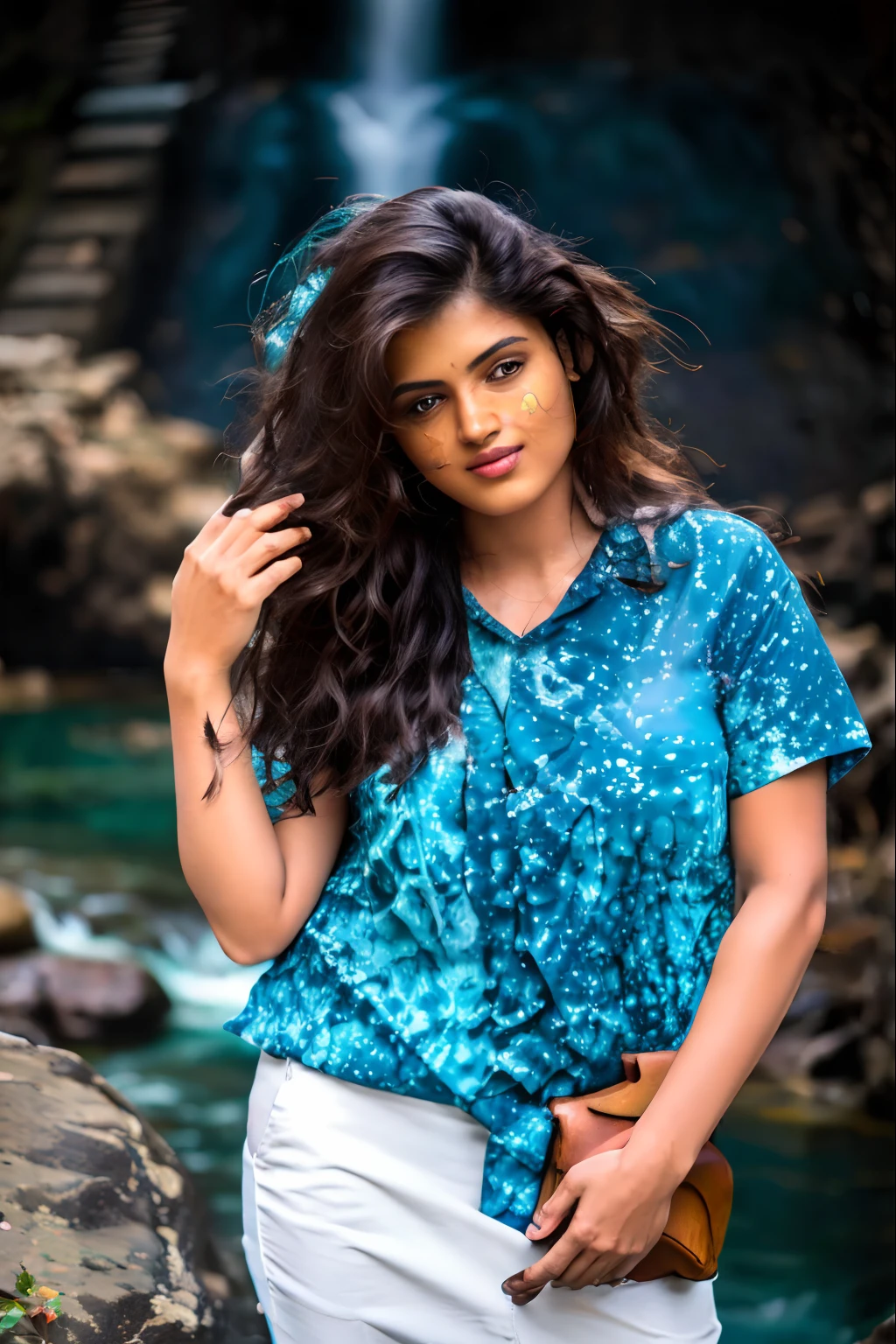 there is a woman standing in front of a waterfall with a blue shirt, flowy hair standing on a rock, indian girl with brown skin, taken with canon 8 0 d, standing near a waterfall, portrait mode photo, taken with canon eos 5 d mark iv, stylish pose, with lovely look, with a waterfalls, casual photography, with waterfalls