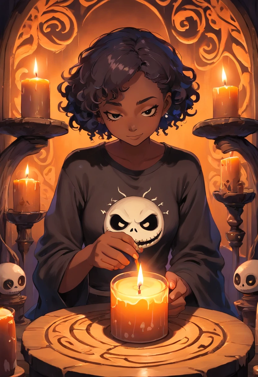 a black girl carving a round candle made with a round mold. she have short tight curly hair. She's using an x-acto knife to carve the candle. She's surrounded by candle wax pots with different colors. the candle she is holding to carve is hung up in front of her. nostalgic anime art style. anime art style. she’s carving jack skellington on the candle.