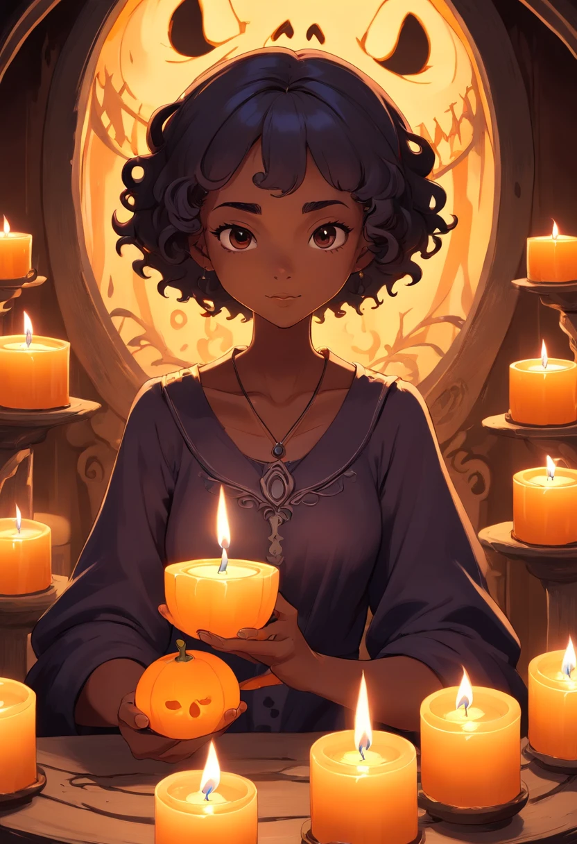 a black girl carving a round candle made with a round mold. she have short tight curly hair. She's using an x-acto knife to carve the candle. She's surrounded by candle wax pots with different colors. the candle she is holding to carve is hung up in front of her. nostalgic anime art style.   anime art style. she’s carving jack skellington on the candle.