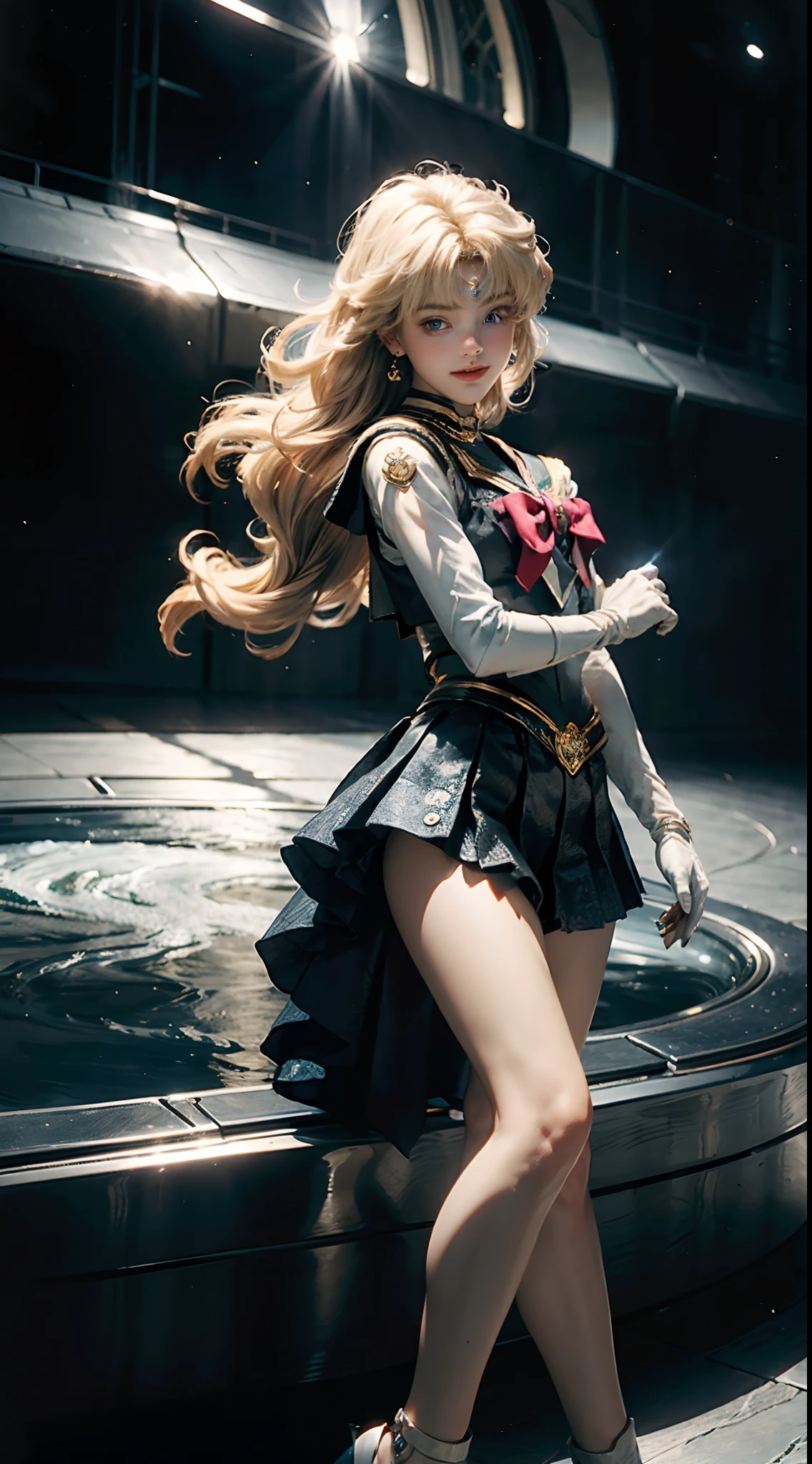 (Extreme detail CG Unity 8K wallpaper, masterpiece, highest quality), (exquisite lighting and shadow, highly dramatic picture, cinematic lens effect), (Sailor Moon: 1.1), charming smile, double tail, blue eyes, blond hair, tight top, white gloves, mini skirt, dynamic pose), the background is the universe (excellent detail, excellent lighting, wide angle), (excellent rendering, enough to stand out in its class),