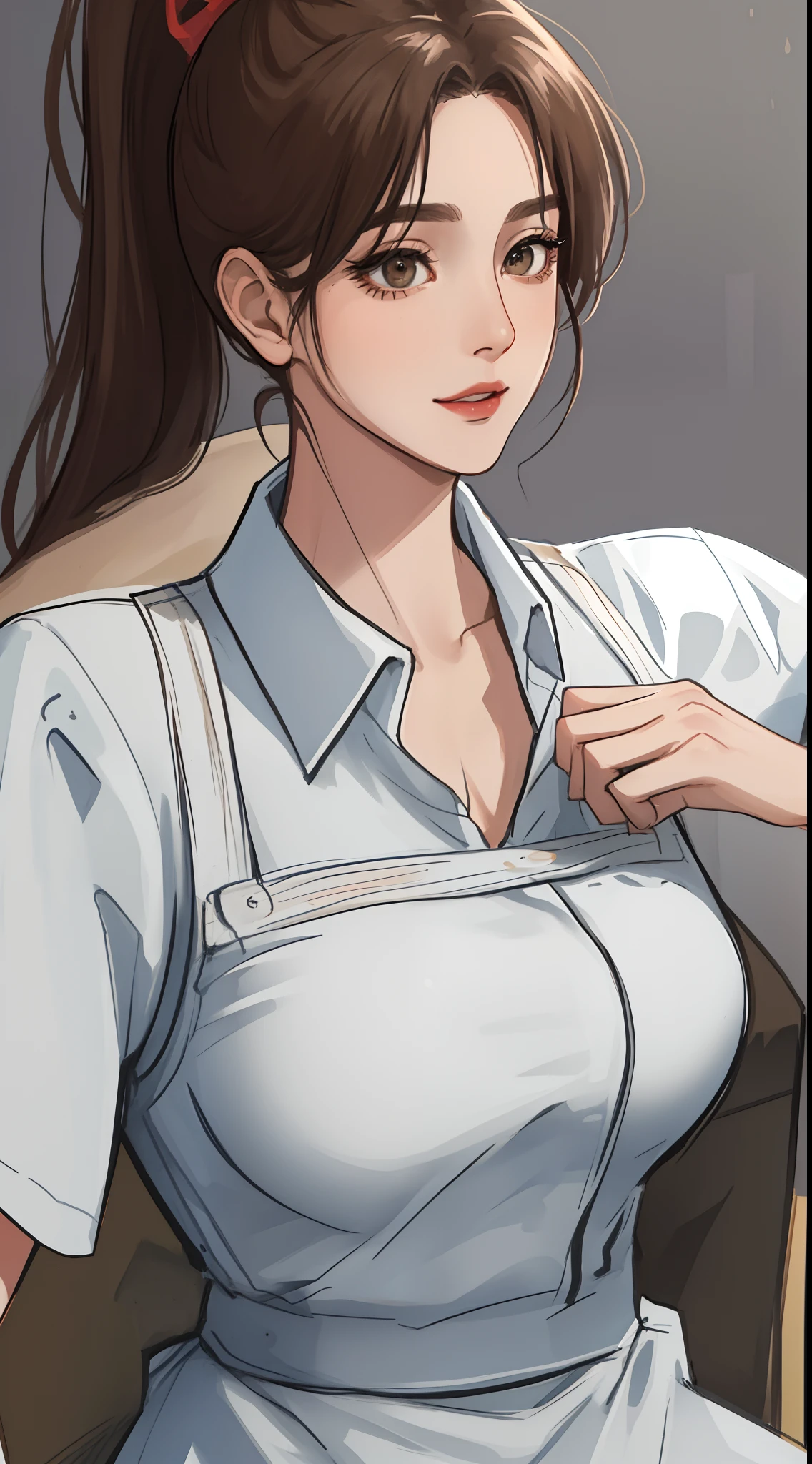 masterpiece, best quality, highest quality, perfect anatomy, highres, ultra-detailed, 8k wallpaper, texture, detail, unique, HDR, extremely detailed CG, Azuma Hisato, 1 girl, Solo, full body, standing, ponytail, brown_hair, Bangs, brown_eyes, 20yo, mature female, looking at viewer, smile, lewd face, (Beautiful,large_Breasts:1.4), (beautiful_face:1.5),(narrow_waist), office outfit, office uniform