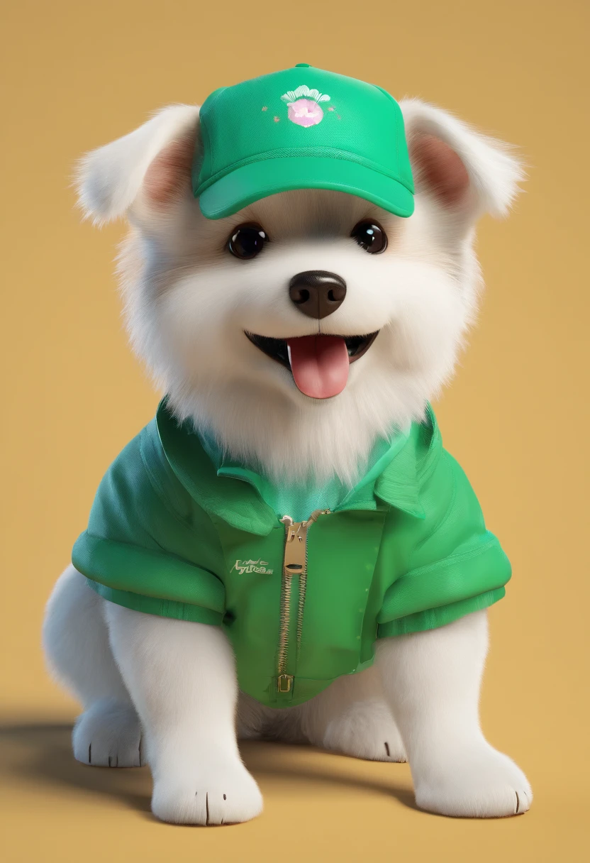 (Best quality,4K,8K,A high resolution,Masterpiece:1.2), Ultra-detailed, Realistic:1.37, Cute dog with big eyes, Cute puppy, fluffy white fur, Wear a green trucker outfit, Box in hand, Wearing a cap