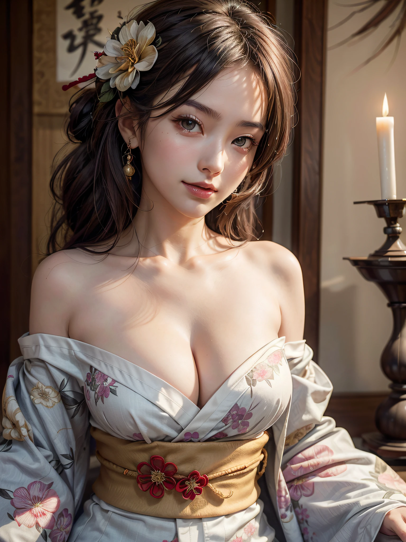 Updo hairstyle, 1girl, Amazing face and eyes, (big round eyes:1.1), (extremely detailed beautiful face), (Beautiful lovely smile), (sexy floral kimono:1.5), (bare shoulder:1.3), (cleavage:1.5), (Best Quality:1.4), (ultra high resolution), (Ultra realistic, photo-realistic:1.37), raw photos, professional photograpy, cinematic lighting, (old shoji), (Japanese shoji, A prestigious and prestigious hanging scroll, tradition:1.5), ((candles)),